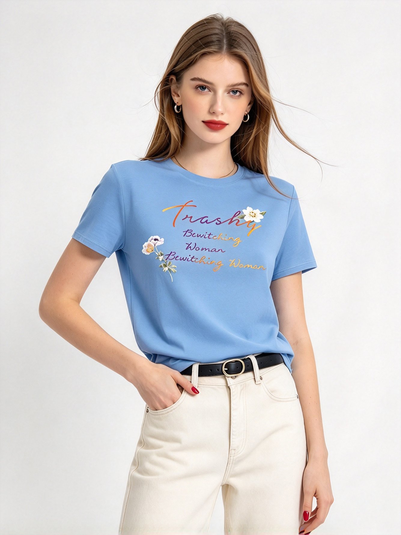 Light Blue Printed Round Neck Regular T-Shirt