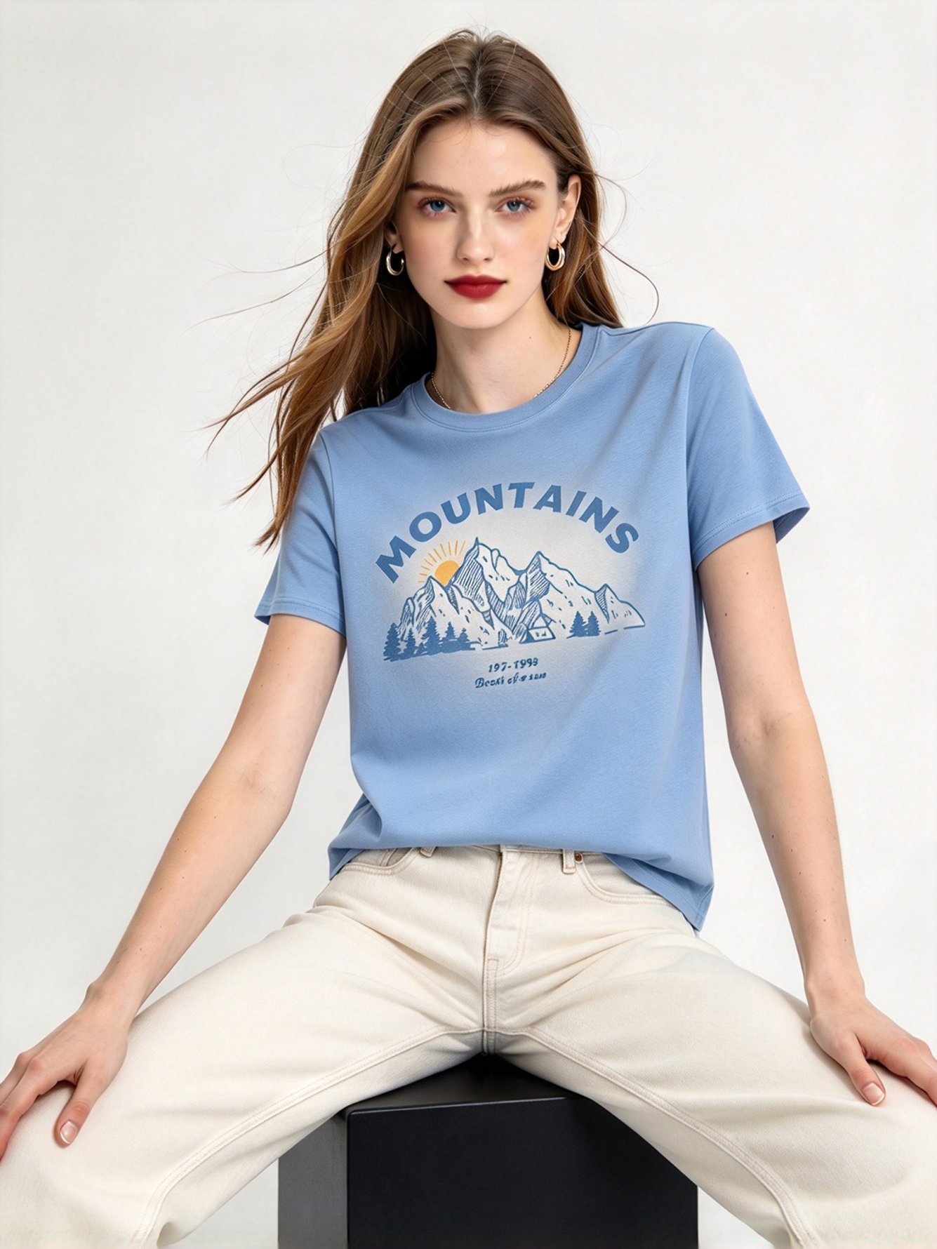 Light Blue Printed Round Neck Regular T-Shirt