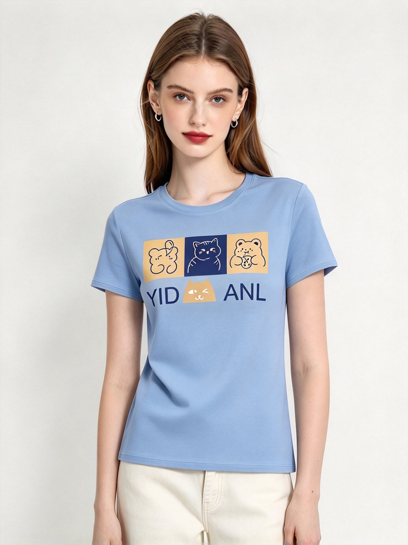 Light Blue Printed Round Neck Regular T-Shirt