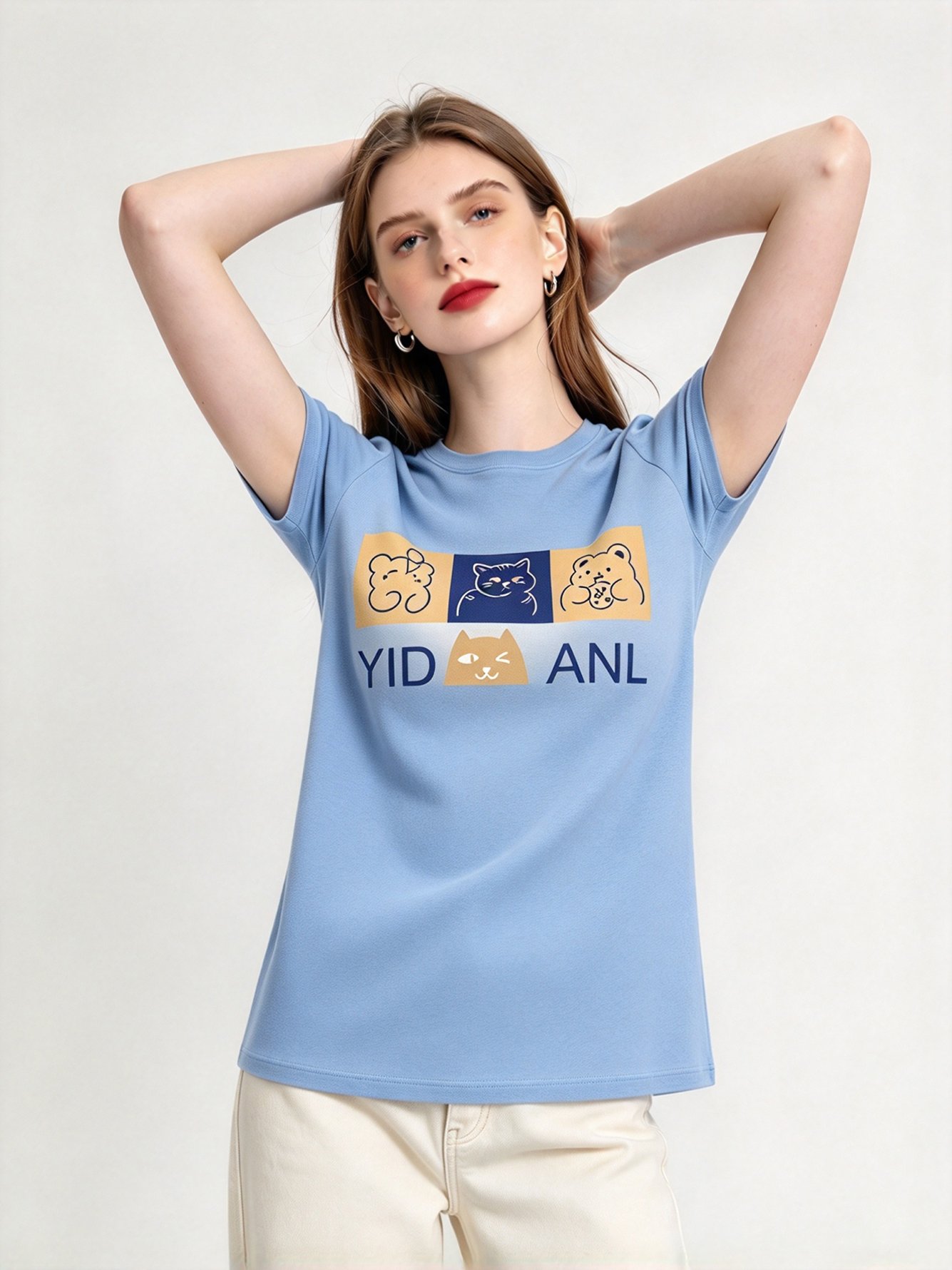 Light Blue Printed Round Neck Regular T-Shirt