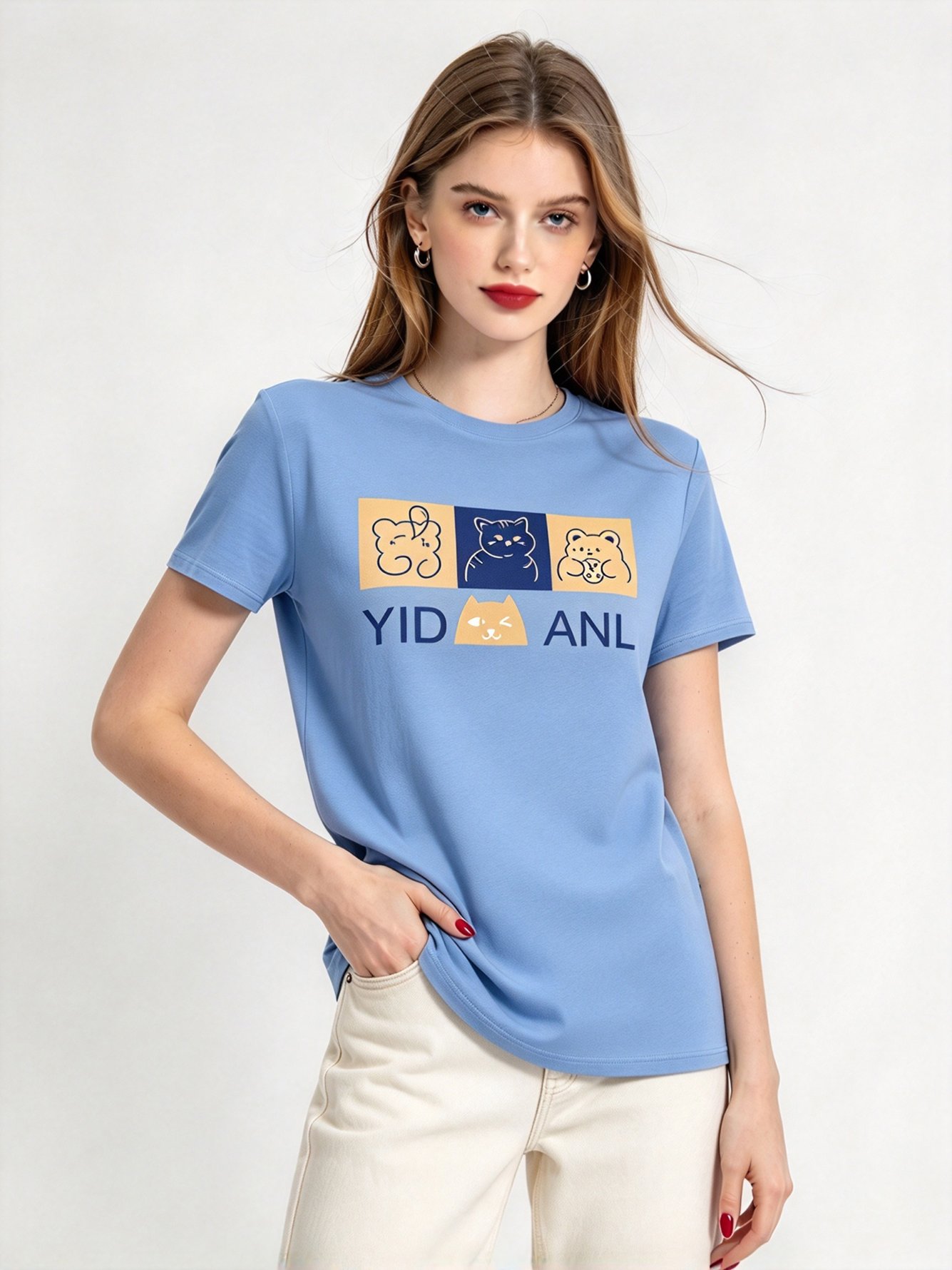 Light Blue Printed Round Neck Regular T-Shirt