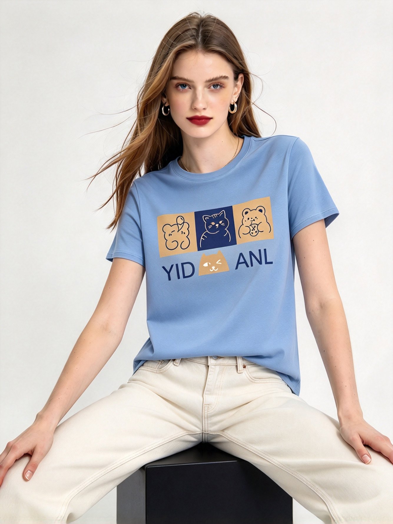 Light Blue Printed Round Neck Regular T-Shirt