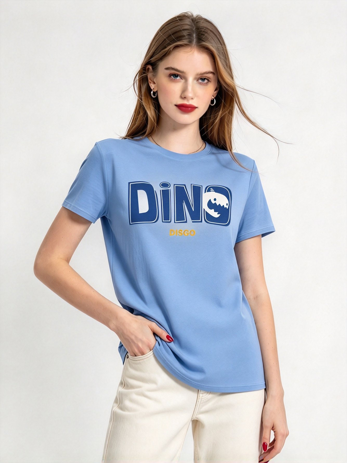 Light Blue Printed Round Neck Regular T-Shirt