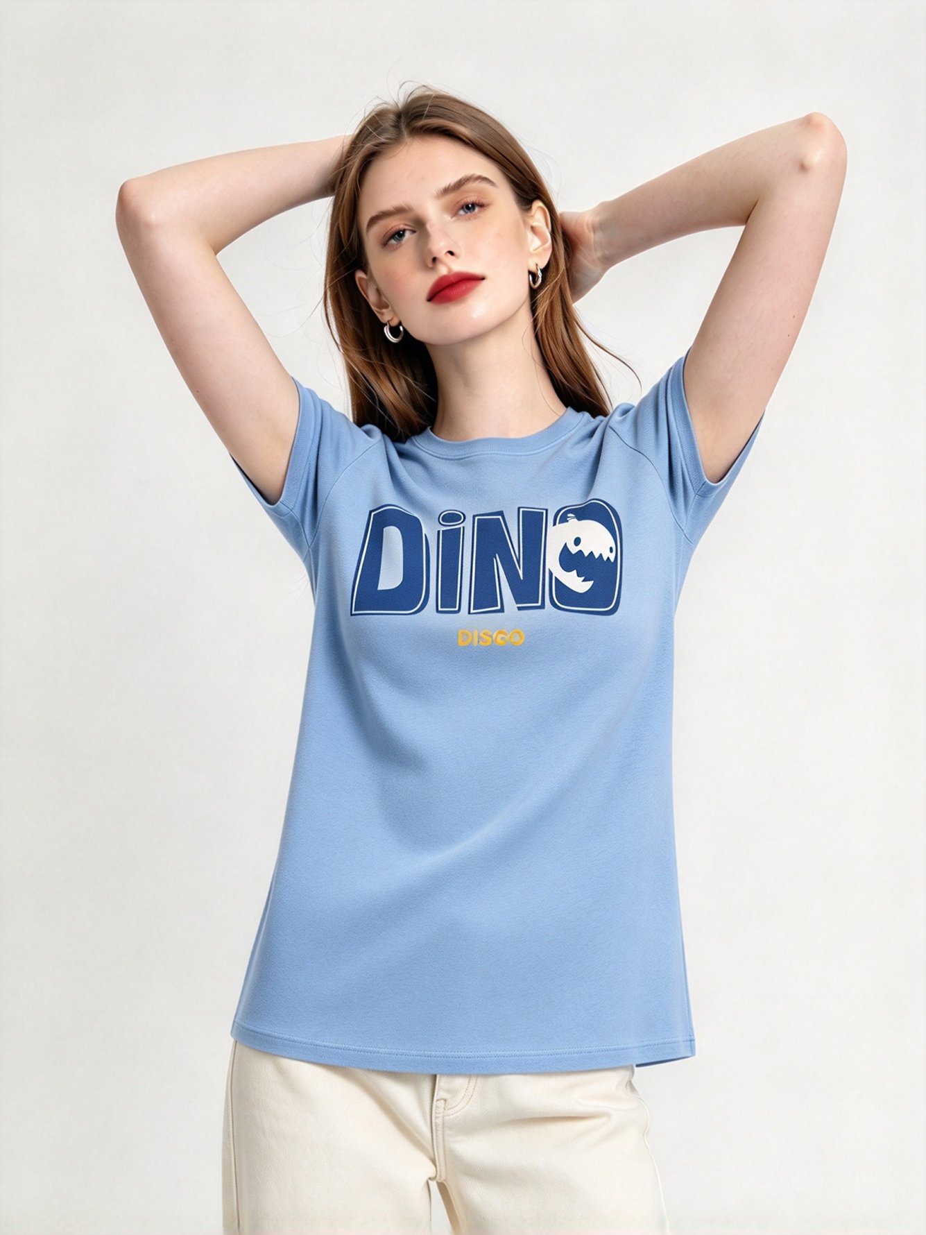 Light Blue Printed Round Neck Regular T-Shirt