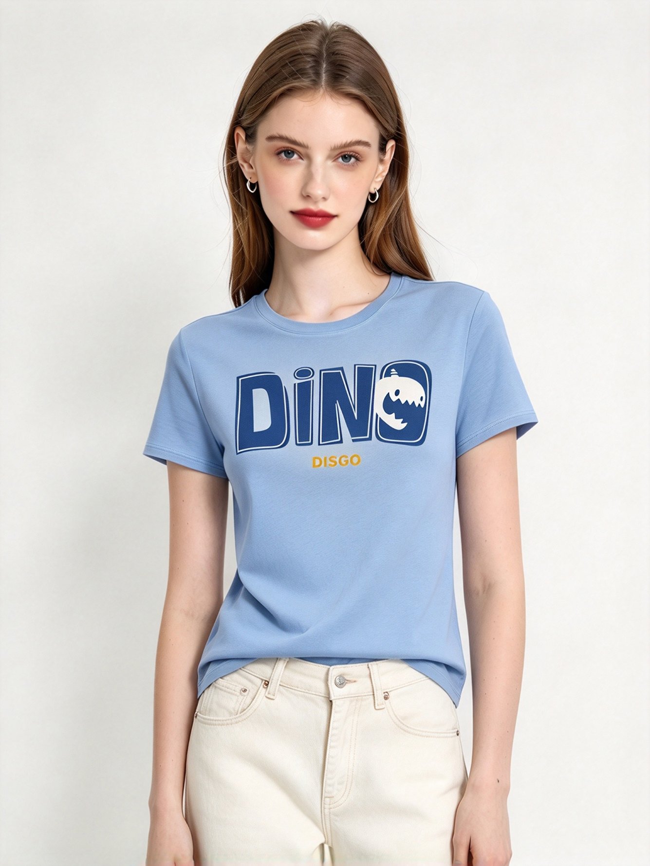 Light Blue Printed Round Neck Regular T-Shirt