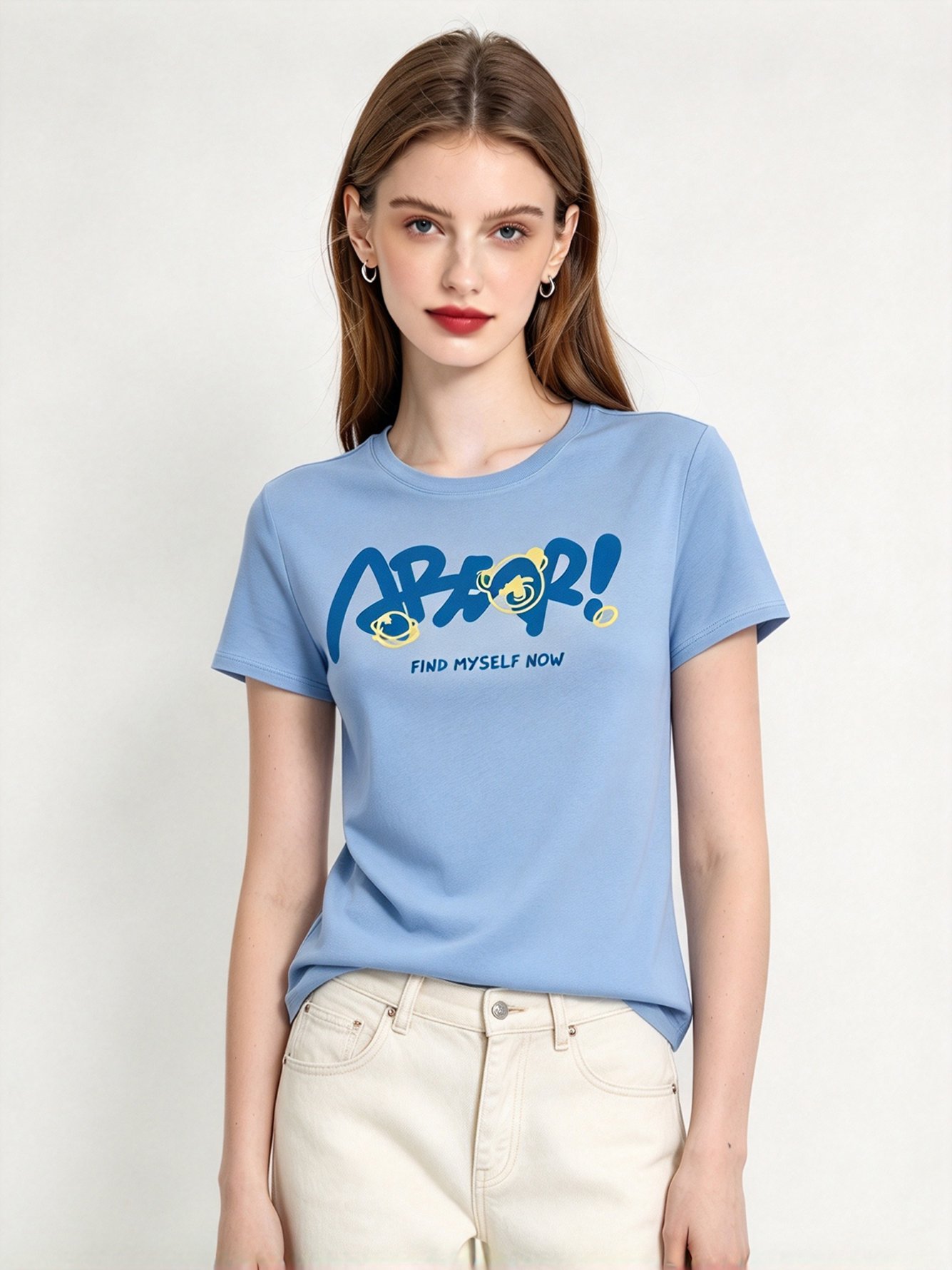 Light Blue Printed Round Neck Regular T-Shirt