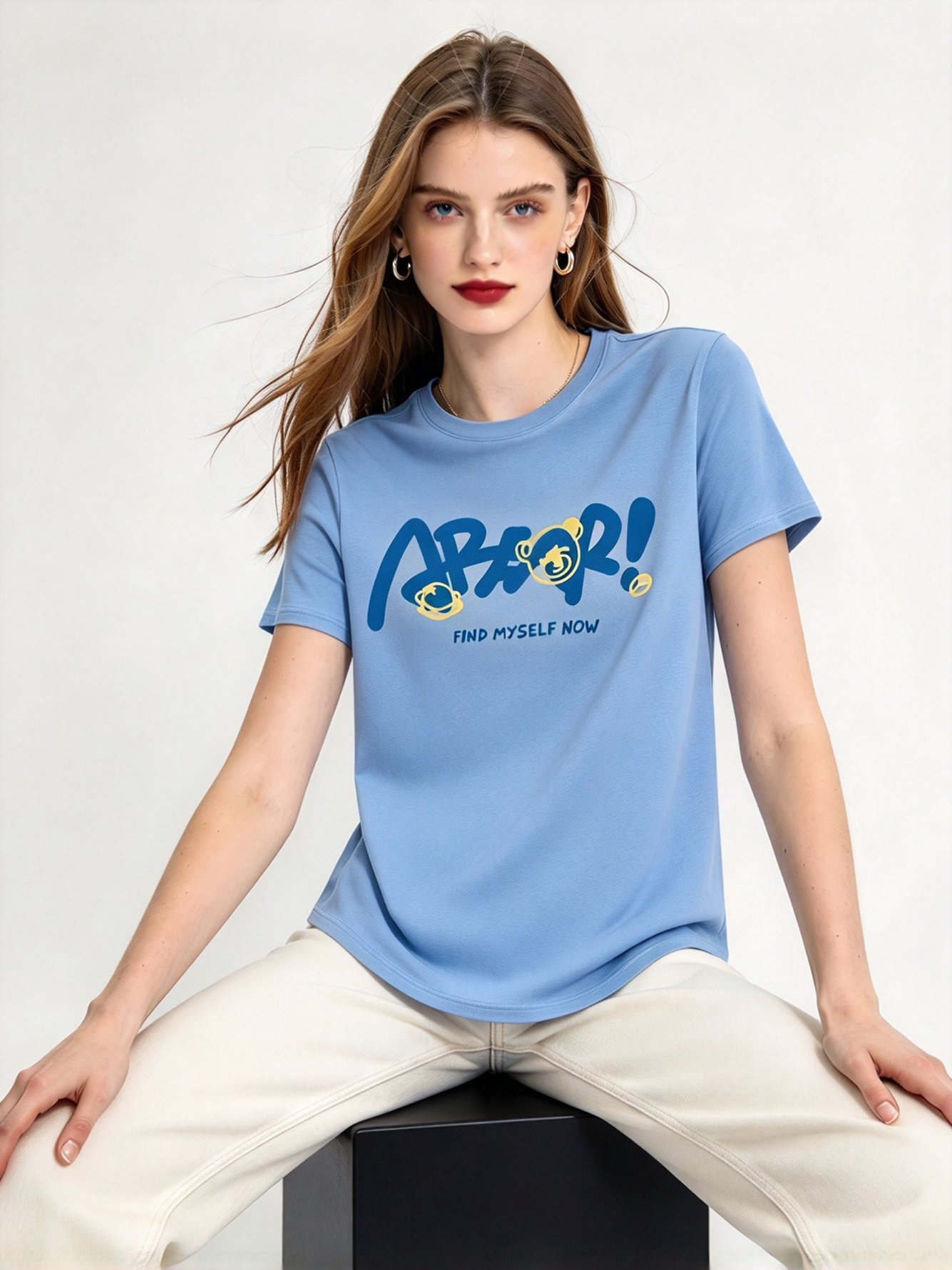 Light Blue Printed Round Neck Regular T-Shirt