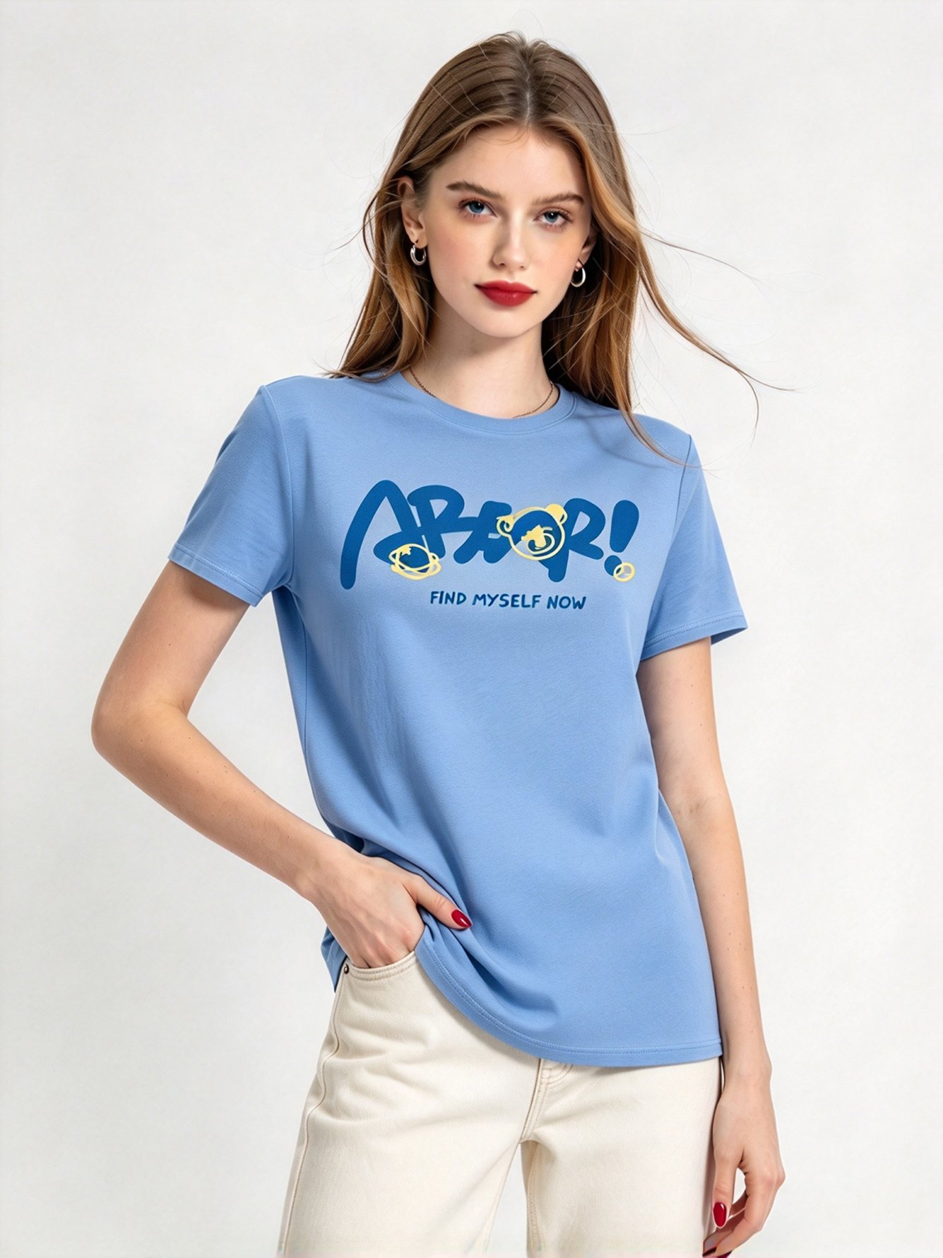 Light Blue Printed Round Neck Regular T-Shirt