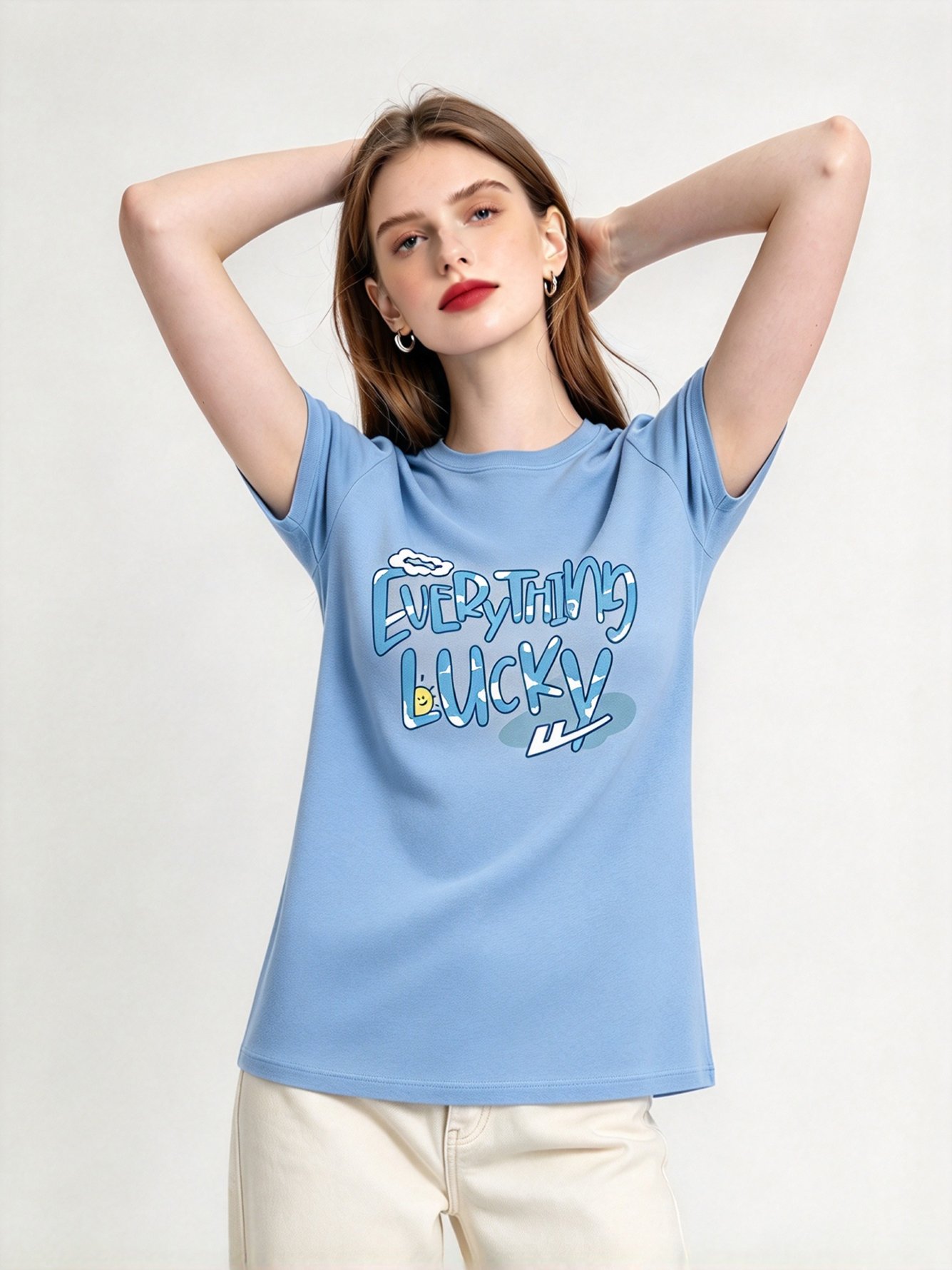 Light Blue Graphic Round Neck Regular T-Shirt
