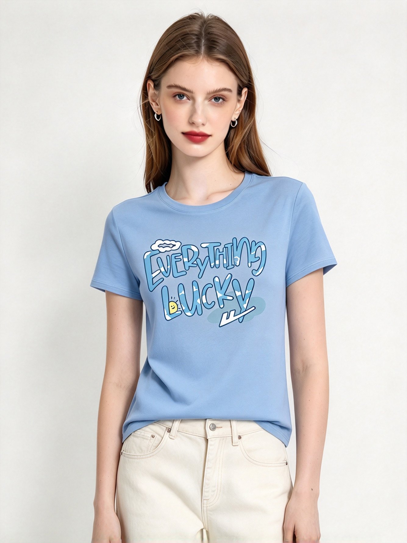 Light Blue Graphic Round Neck Regular T-Shirt