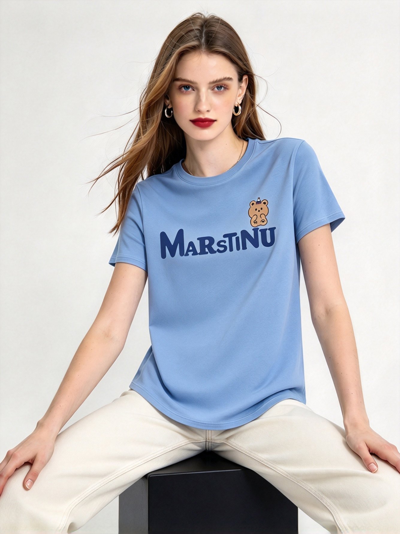 Light Blue Printed Round Neck Regular T-Shirt