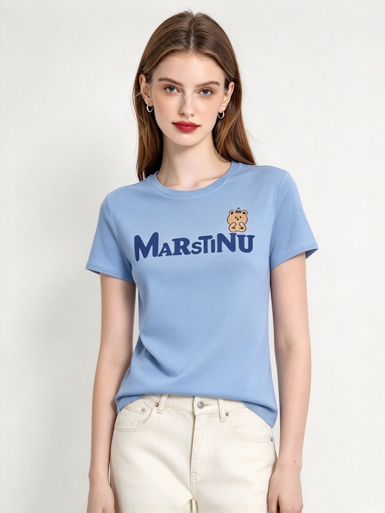 Light Blue Printed Round Neck Regular T-Shirt