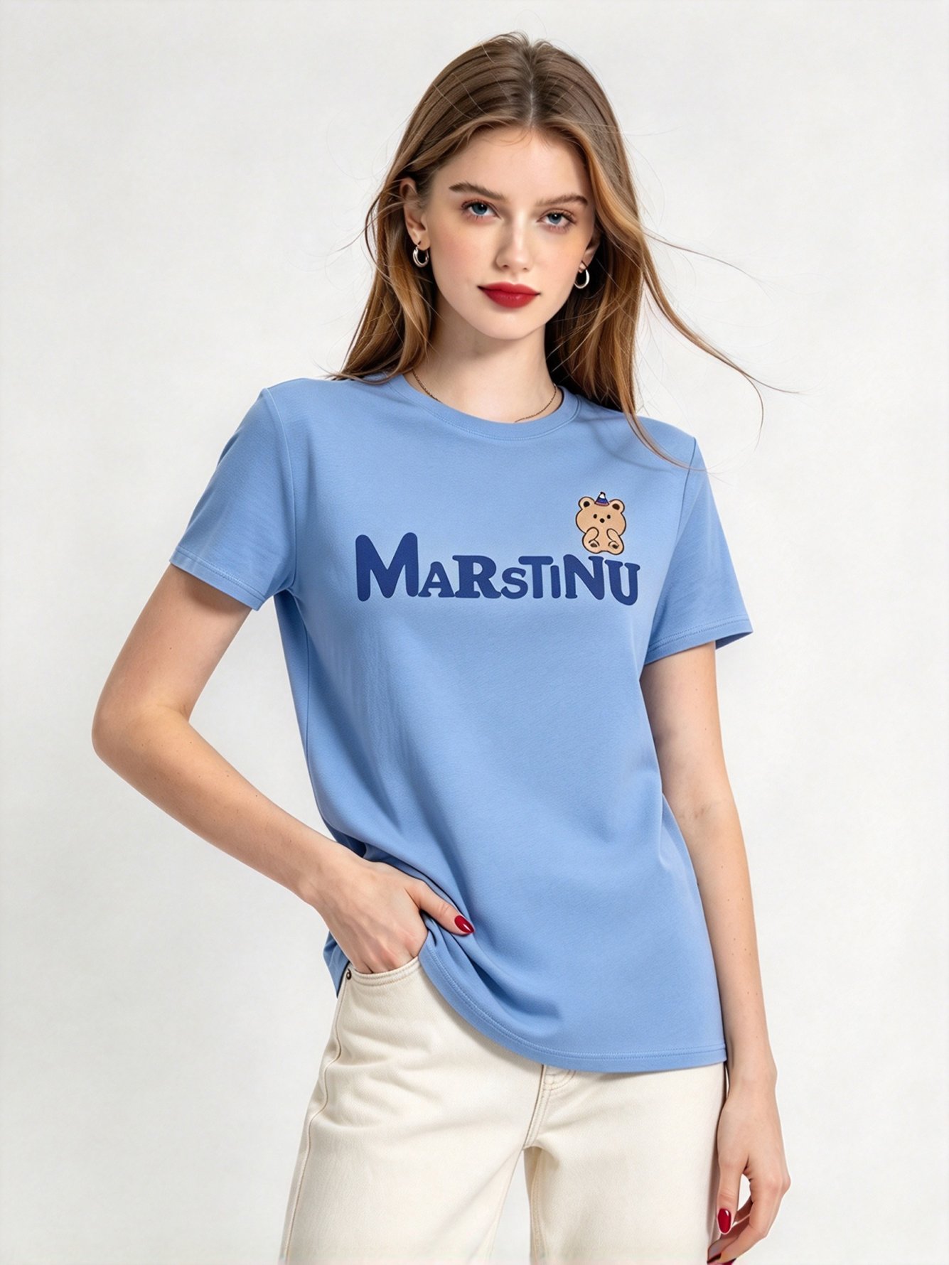Light Blue Printed Round Neck Regular T-Shirt