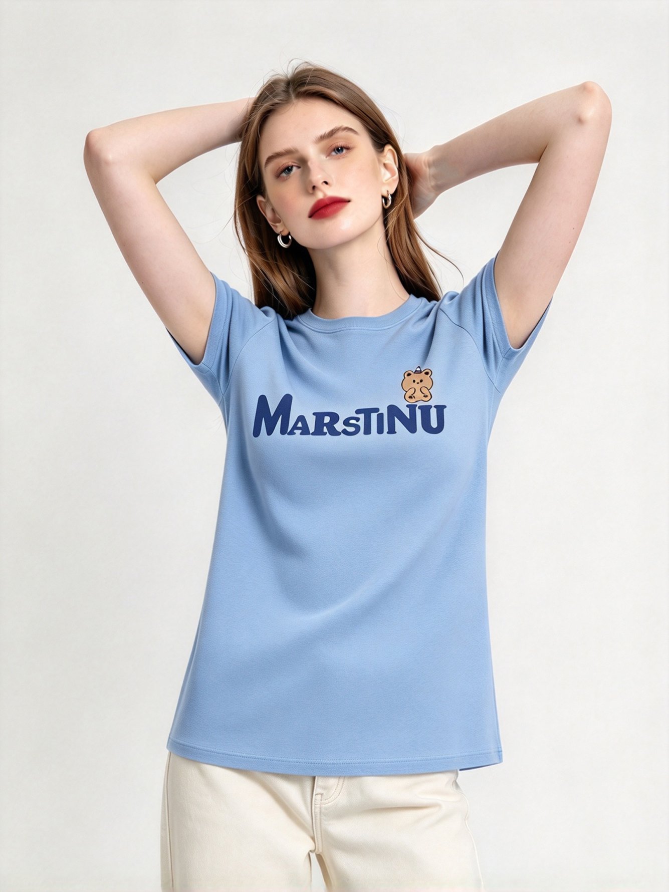 Light Blue Printed Round Neck Regular T-Shirt