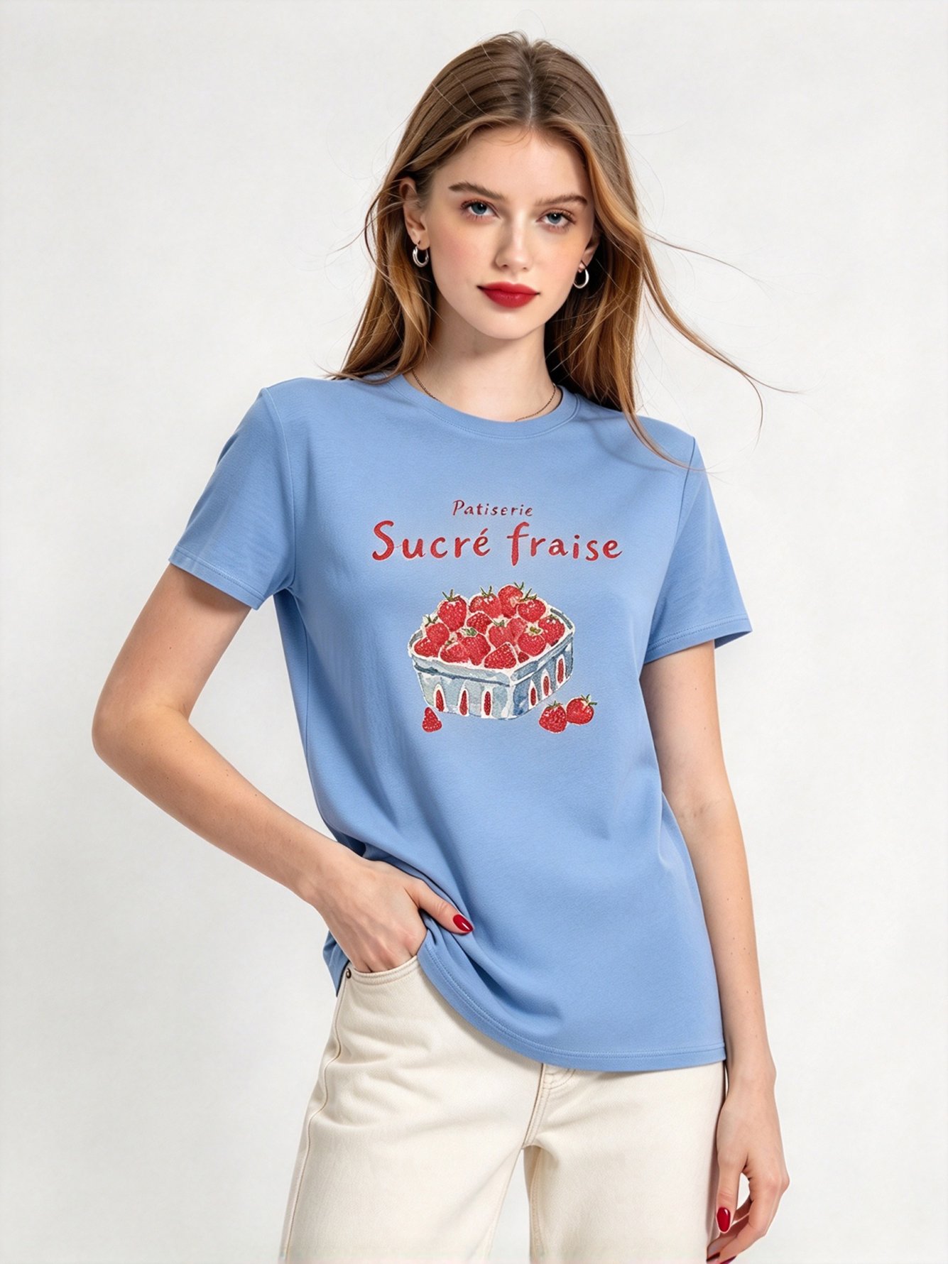 Light Blue Printed Round Neck Regular T-Shirt