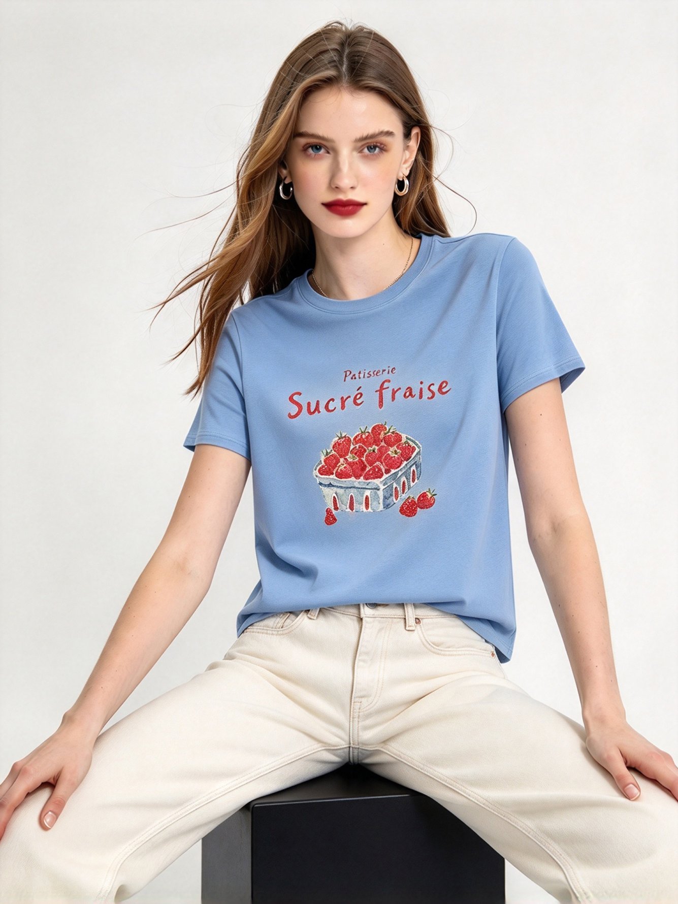 Light Blue Printed Round Neck Regular T-Shirt