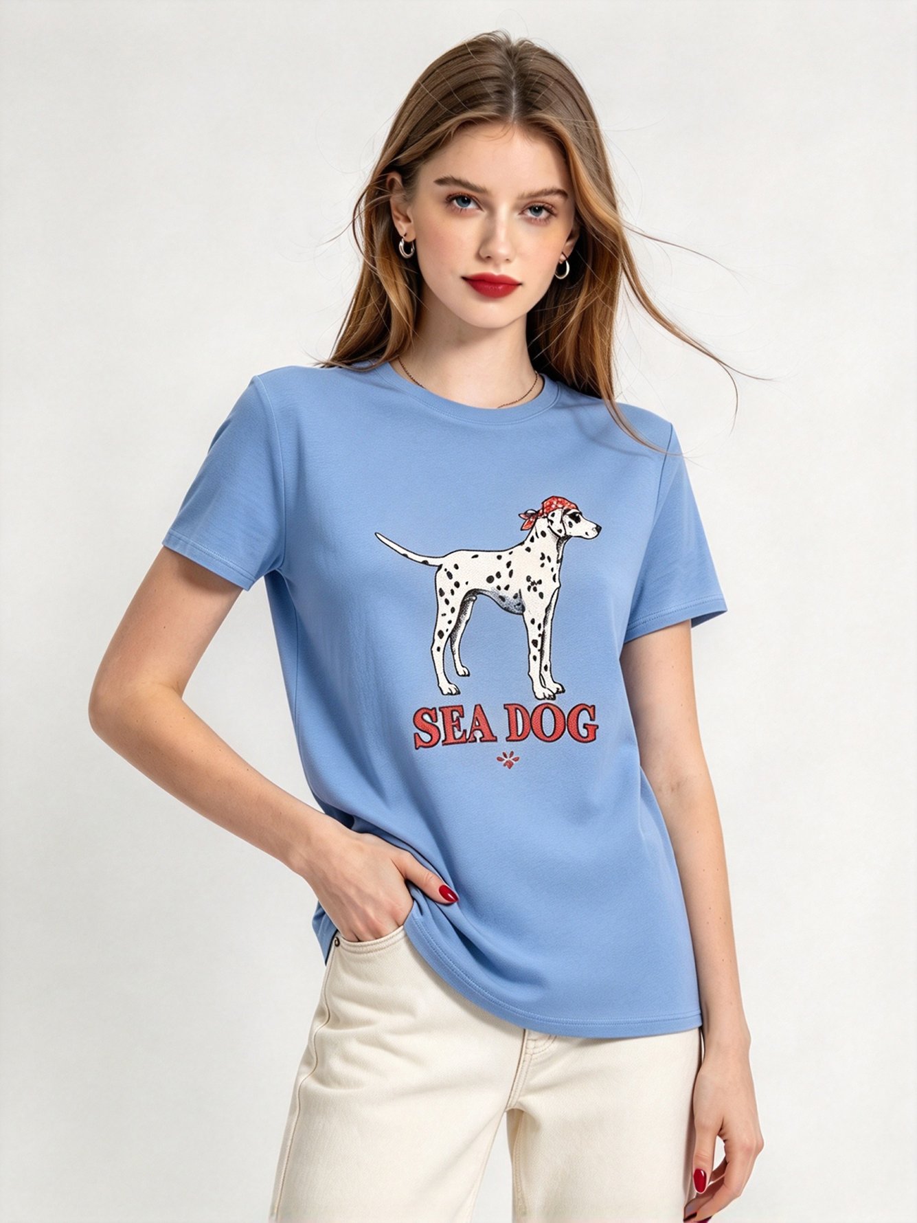 Light Blue Printed Round Neck Regular T-Shirt