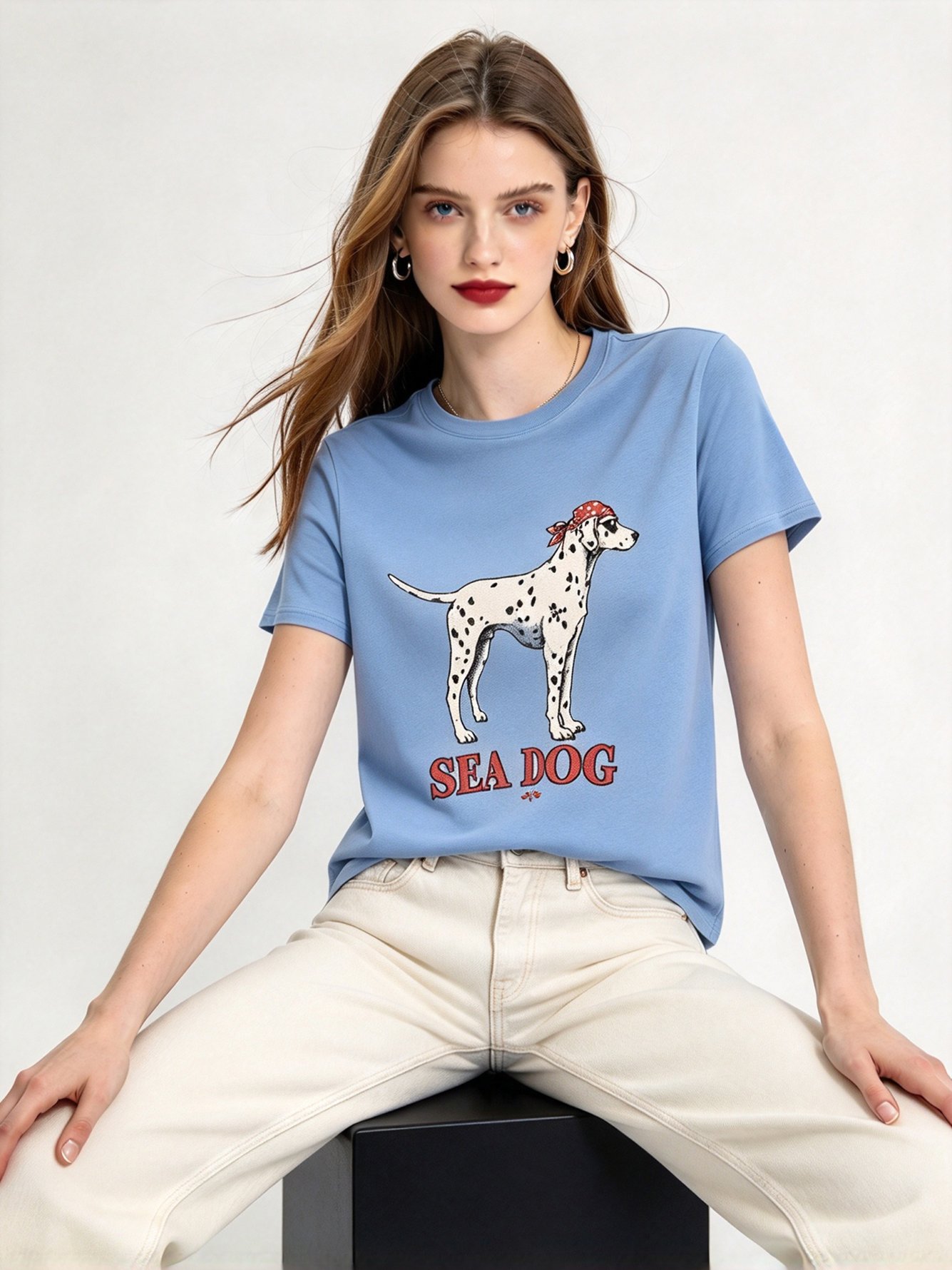 Light Blue Printed Round Neck Regular T-Shirt