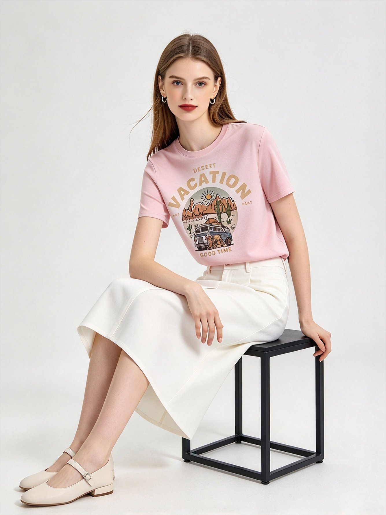 Pink Printed Round Neck Regular T-Shirt