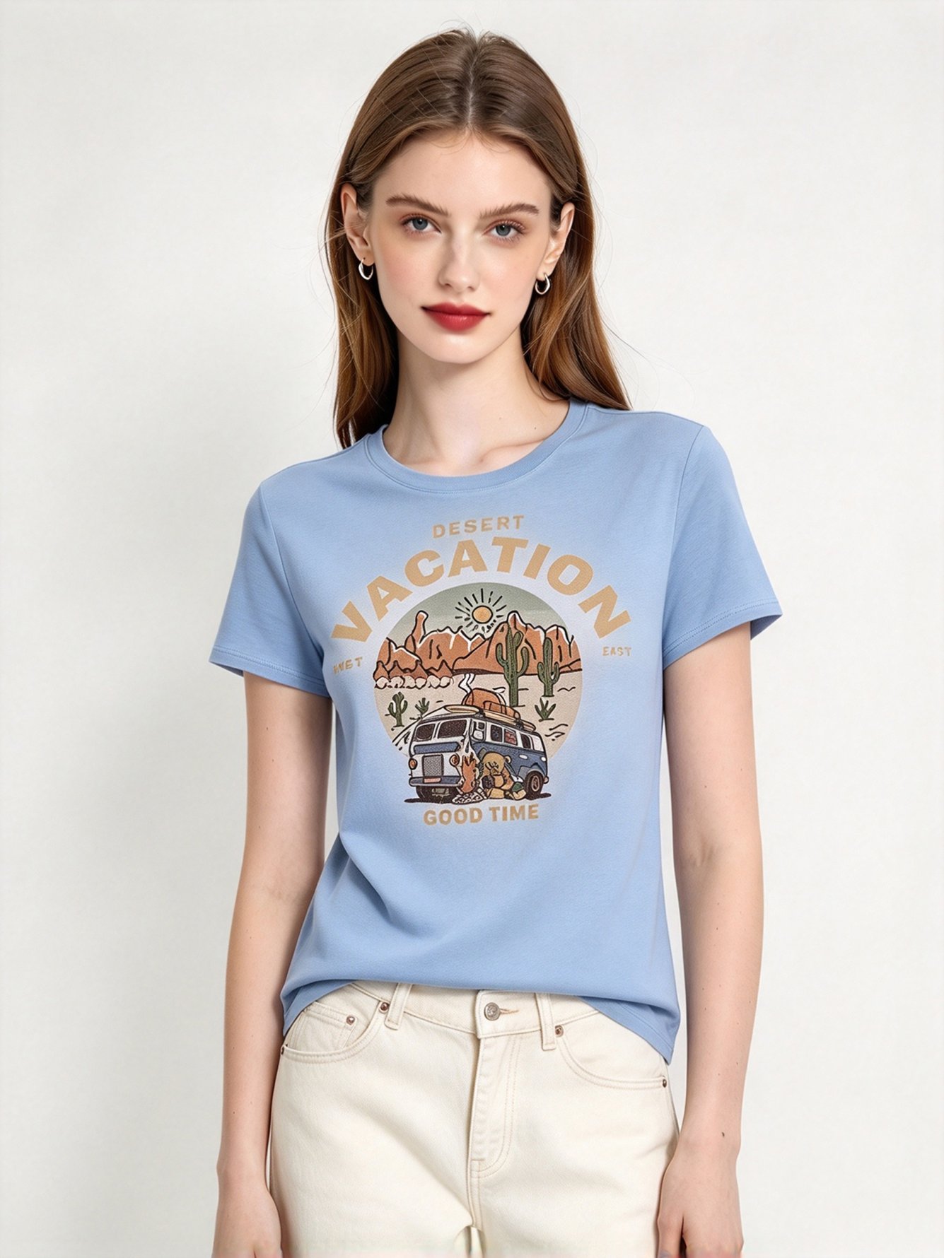 Light Blue Printed Round Neck Regular T-Shirt