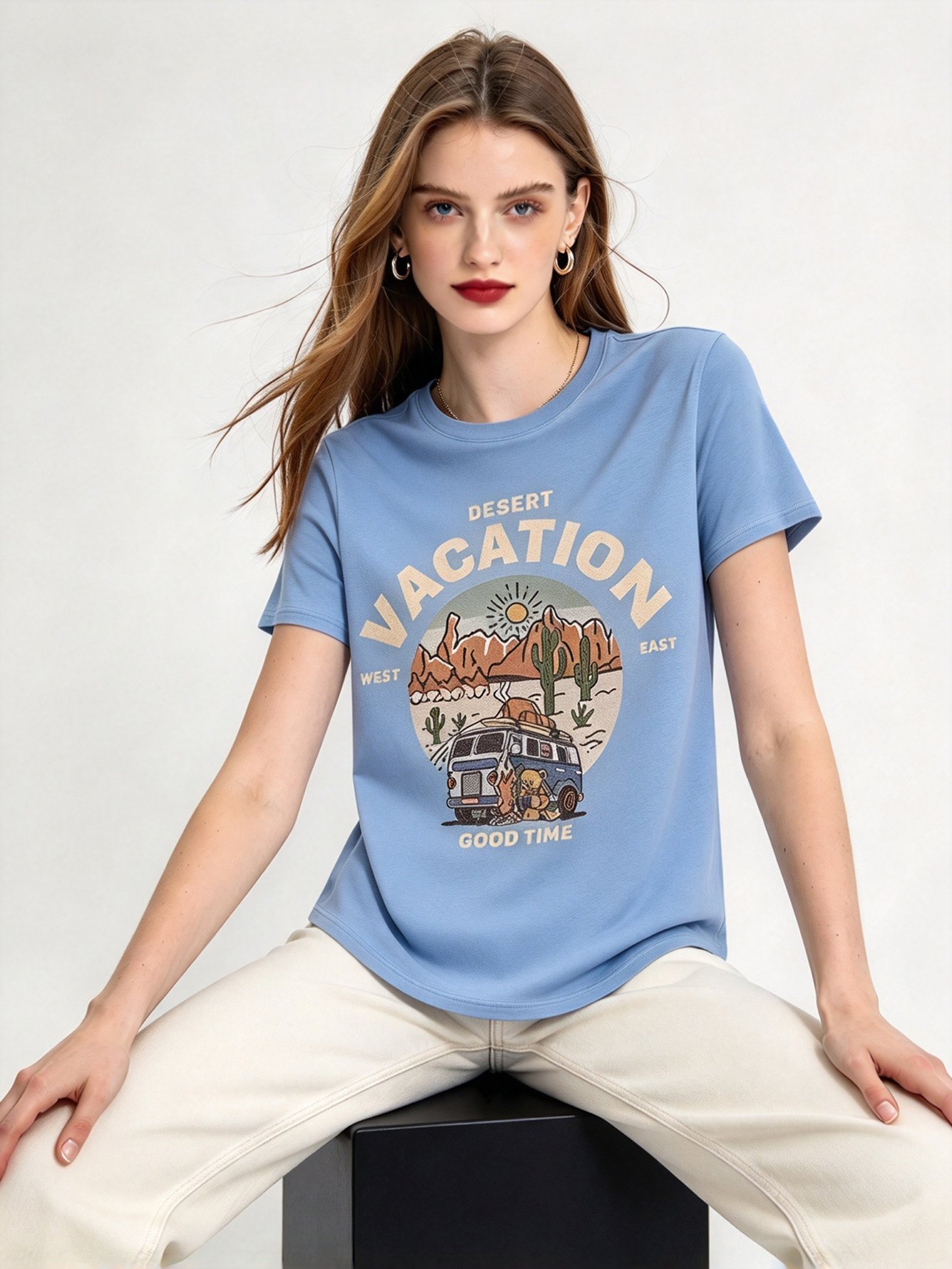 Light Blue Printed Round Neck Regular T-Shirt