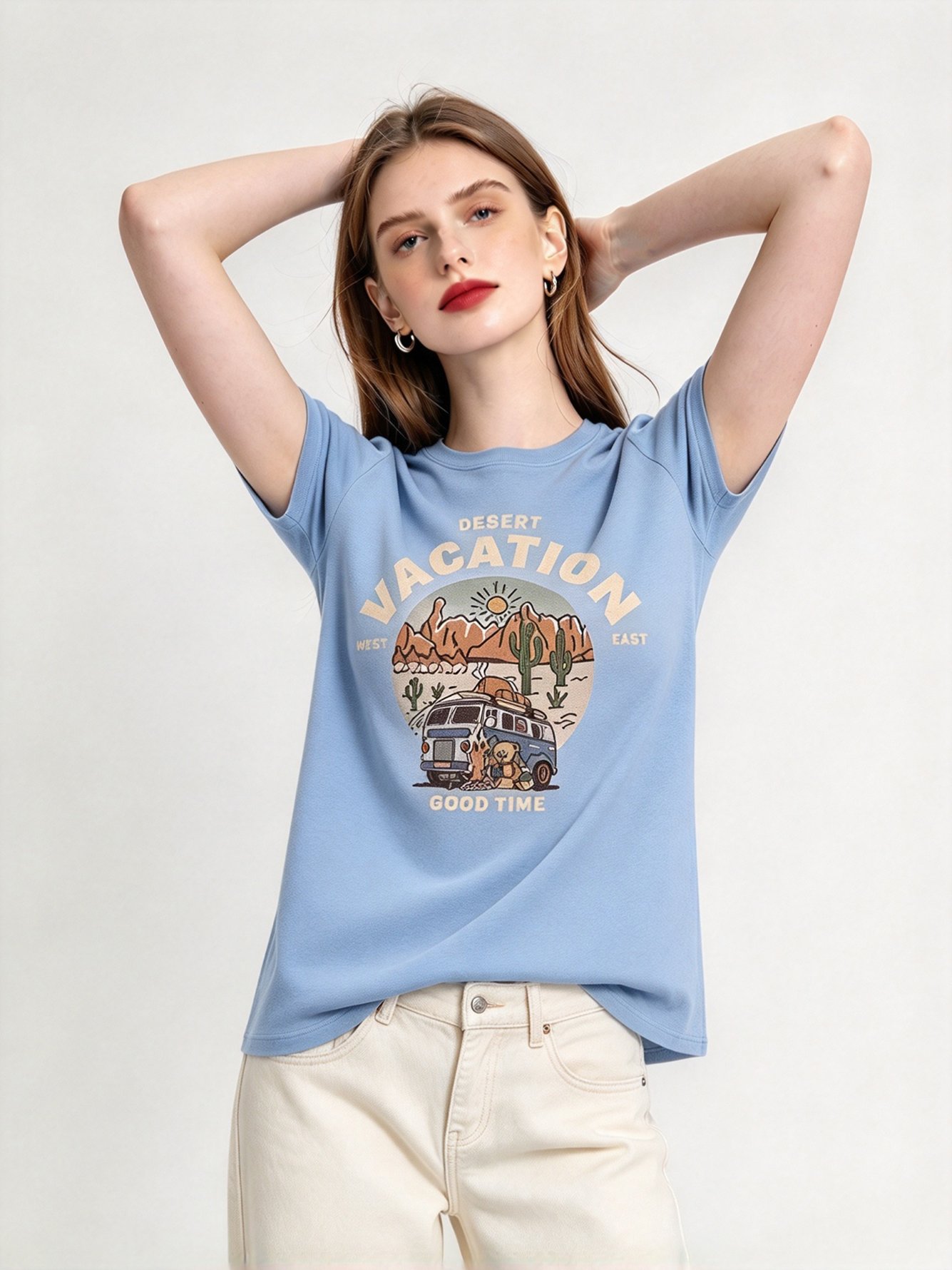 Light Blue Printed Round Neck Regular T-Shirt