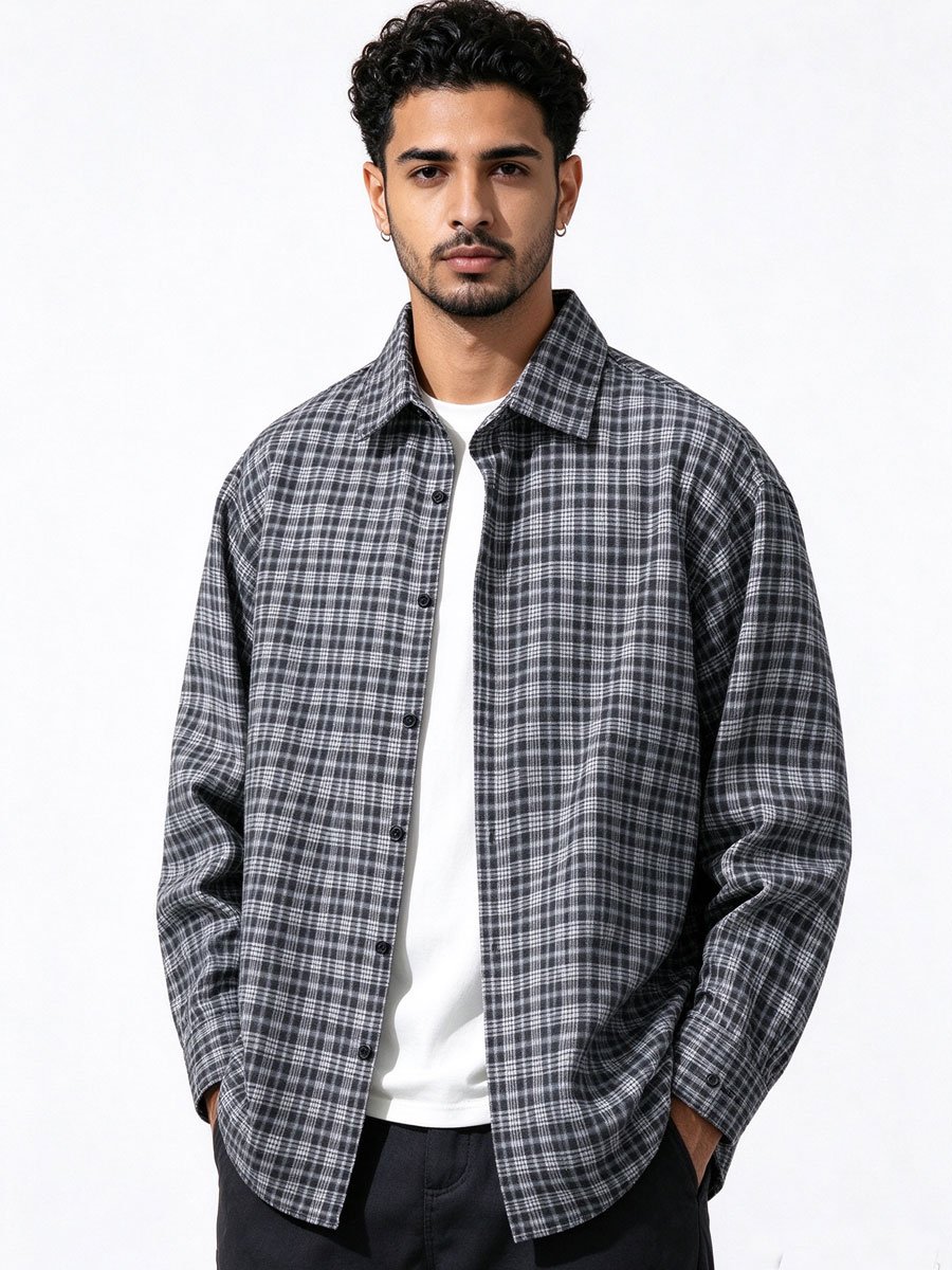 Black Checked Long Sleeves Oversized Shirt