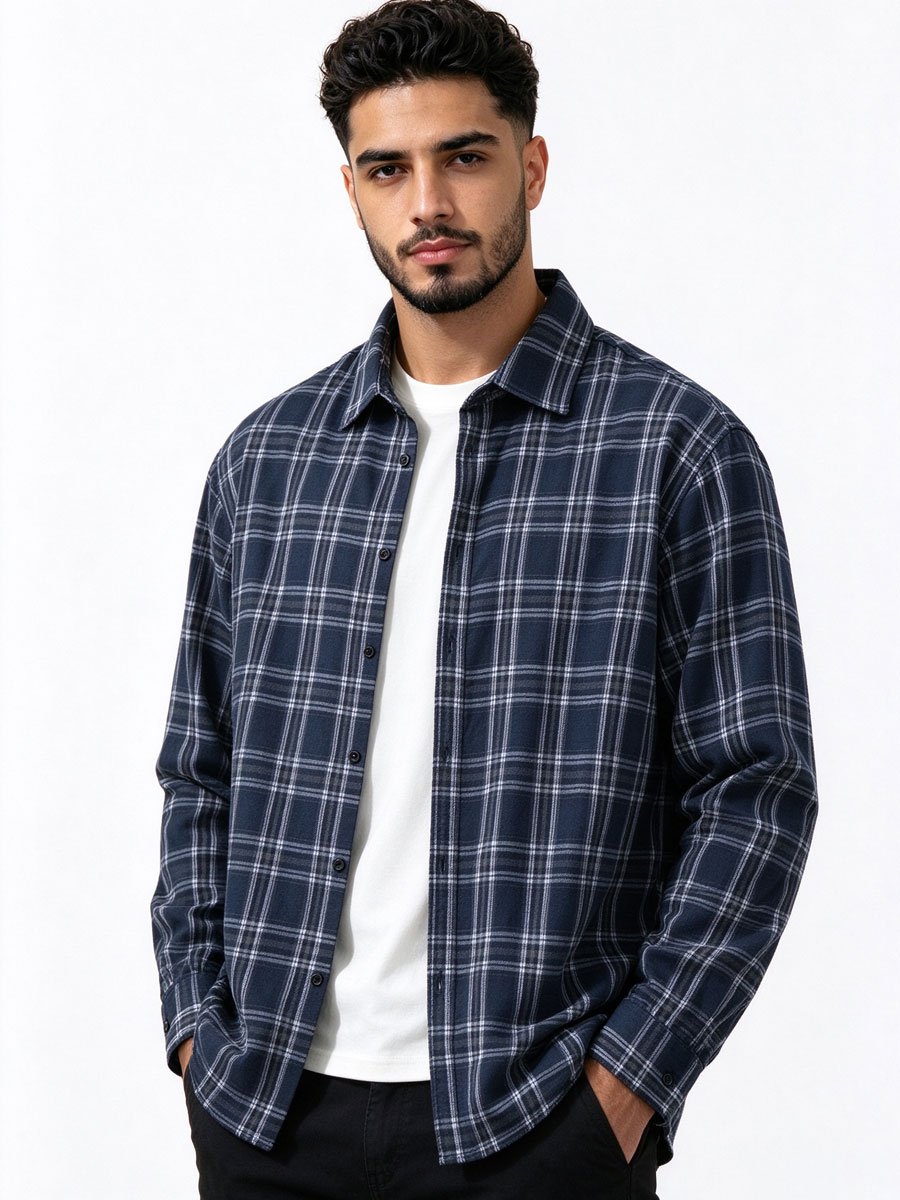 Navy Blue Checked Long Sleeves Regular Shirt