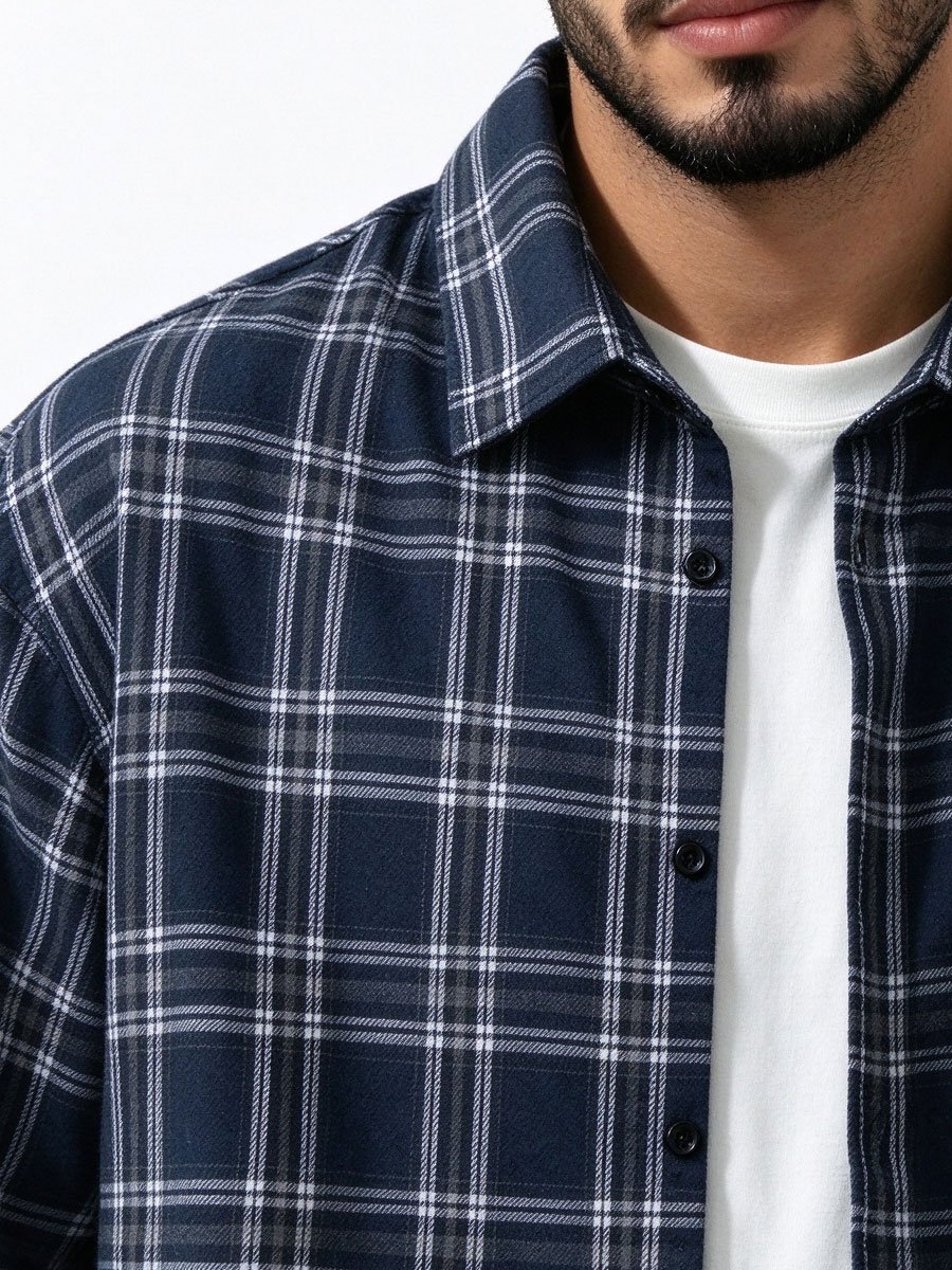 Navy Blue Checked Long Sleeves Regular Shirt