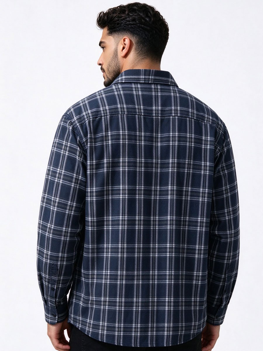 Navy Blue Checked Long Sleeves Regular Shirt