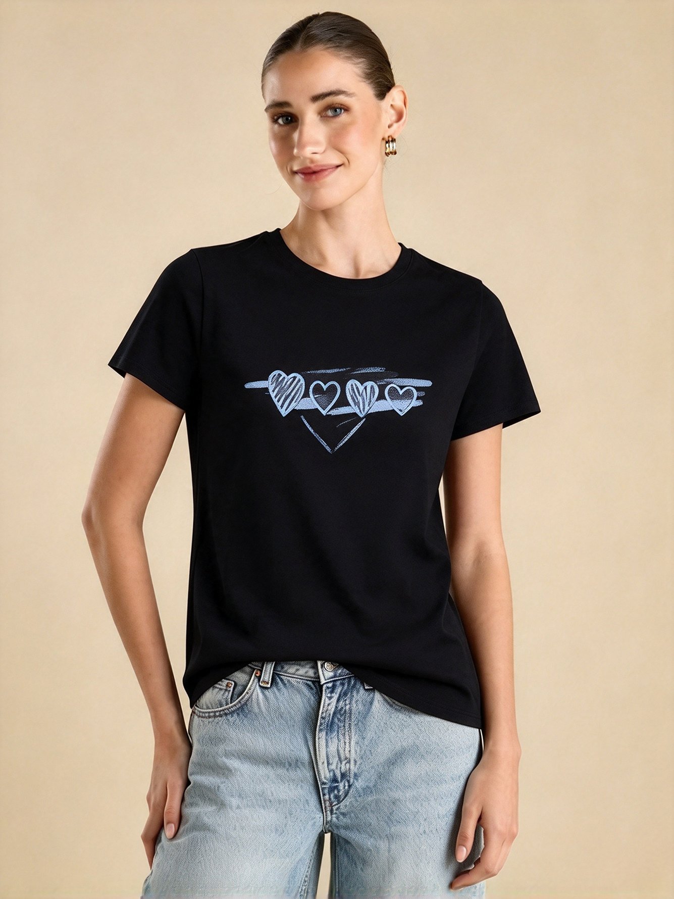 Black Graphic Round Neck Regular T-Shirt
