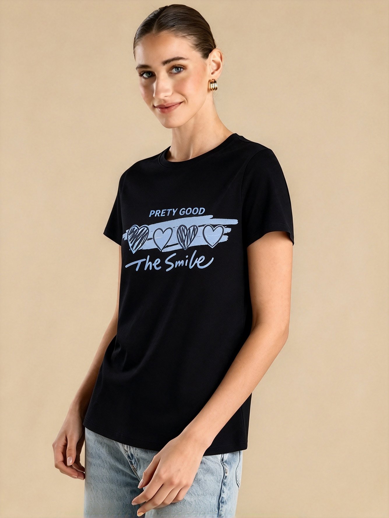 Black Graphic Round Neck Regular T-Shirt