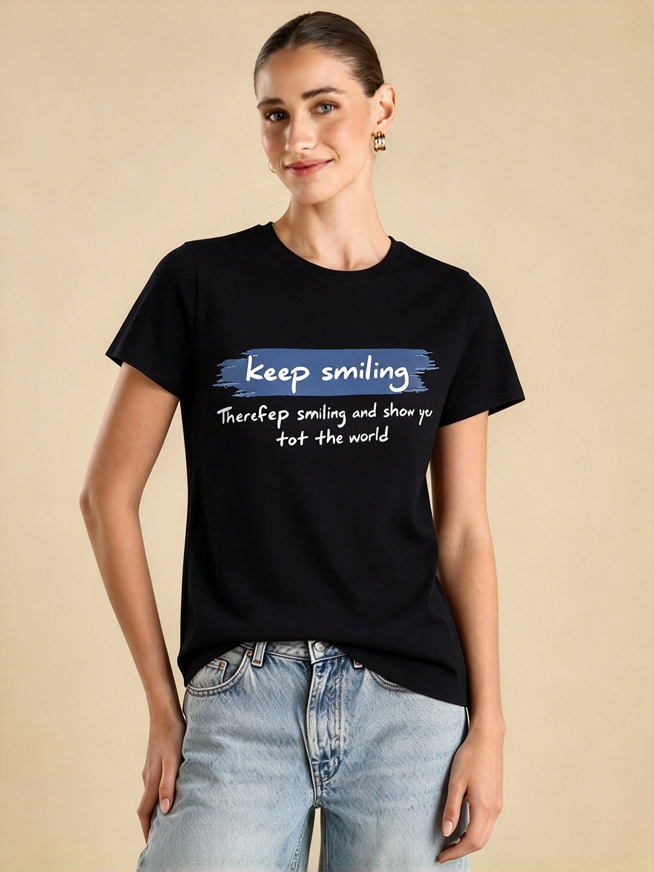 Black Slogan Round Neck Regular T-Shirt