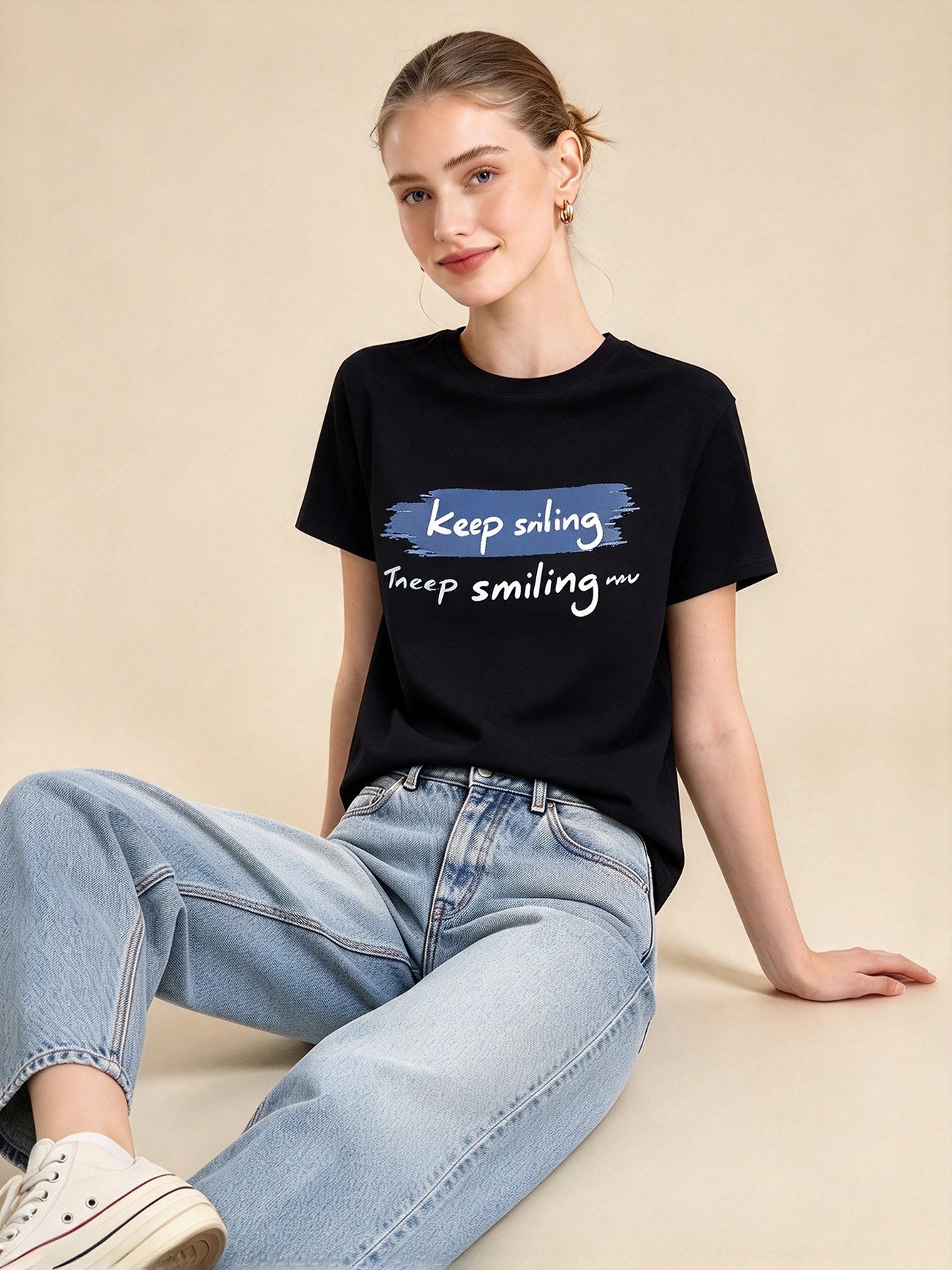 Black Slogan Round Neck Regular T-Shirt