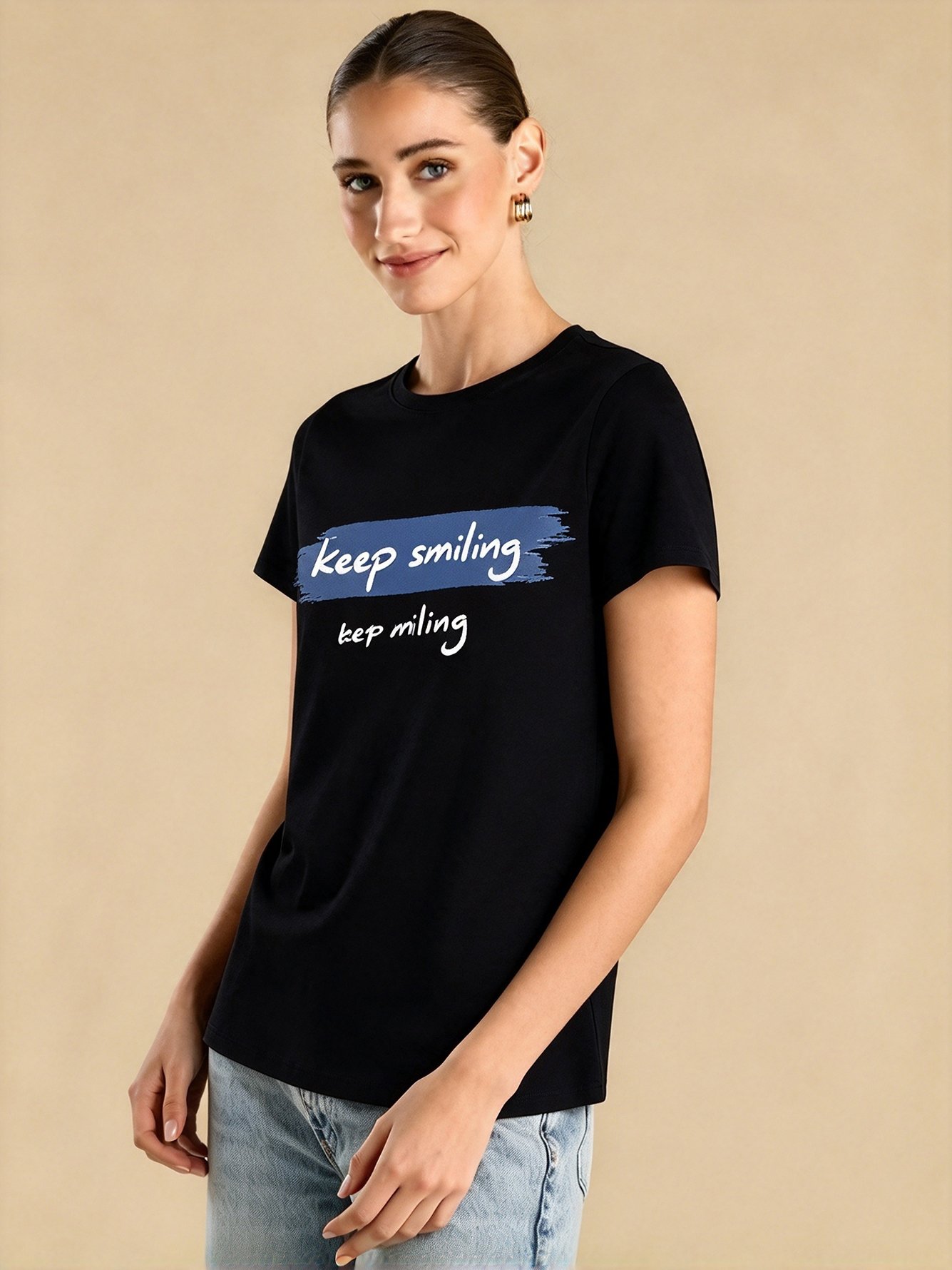 Black Slogan Round Neck Regular T-Shirt