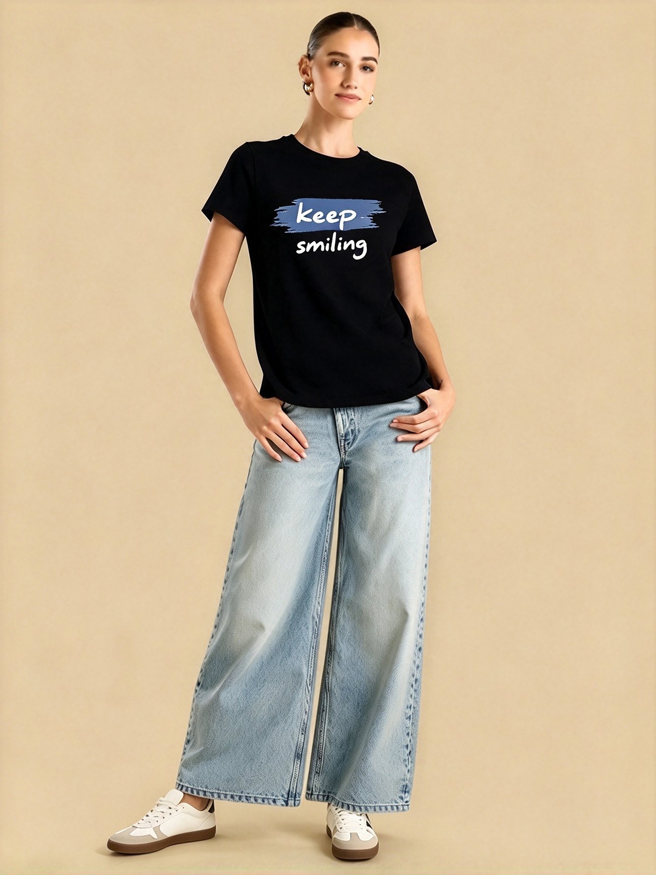 Black Slogan Round Neck Regular T-Shirt