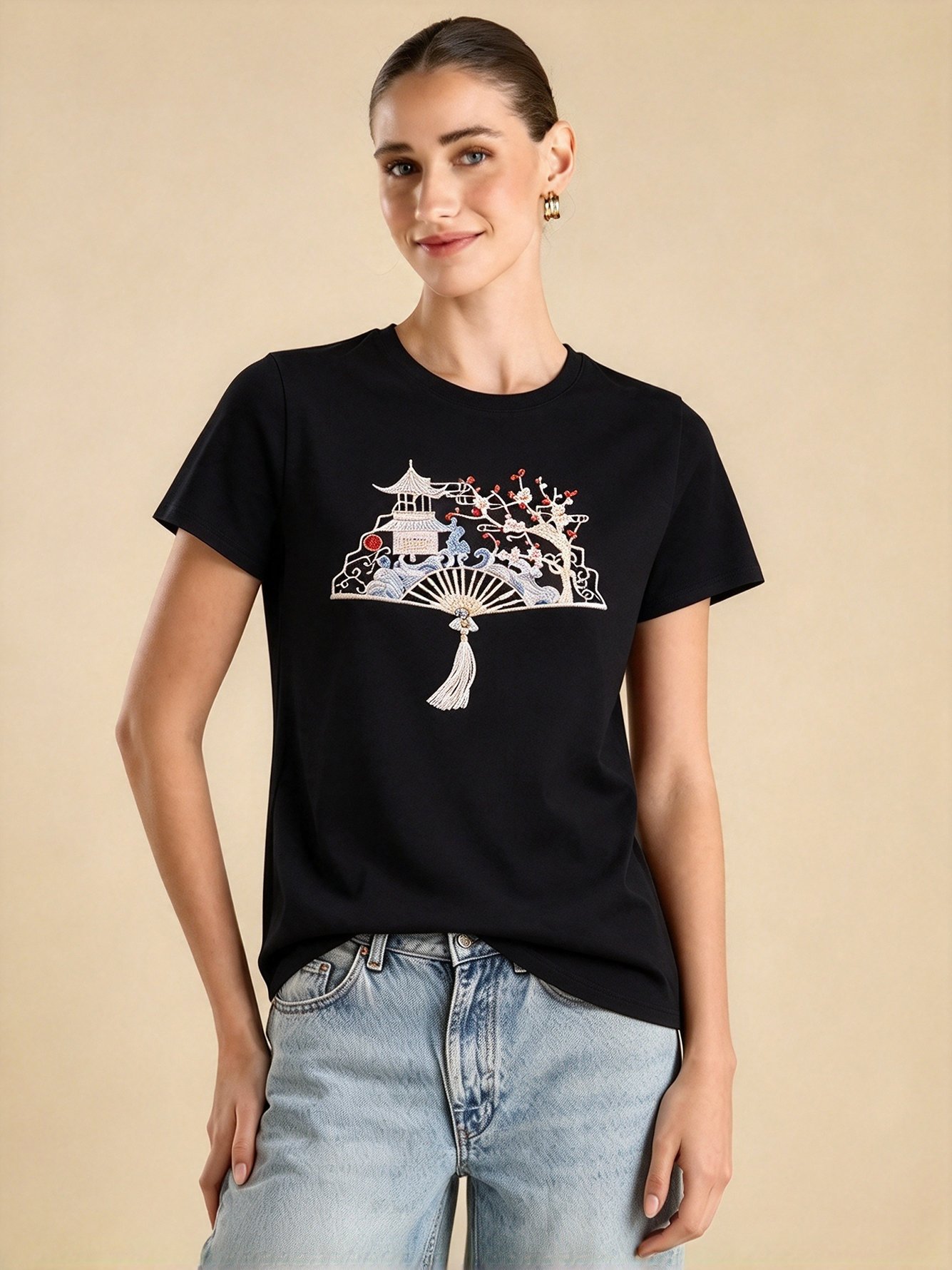 Black Embroidered Round Neck Regular T-Shirt