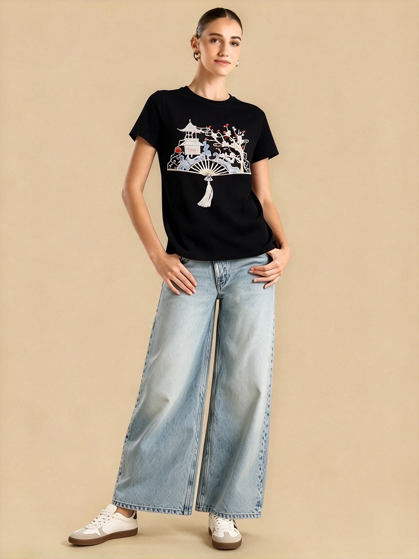 Black Embroidered Round Neck Regular T-Shirt