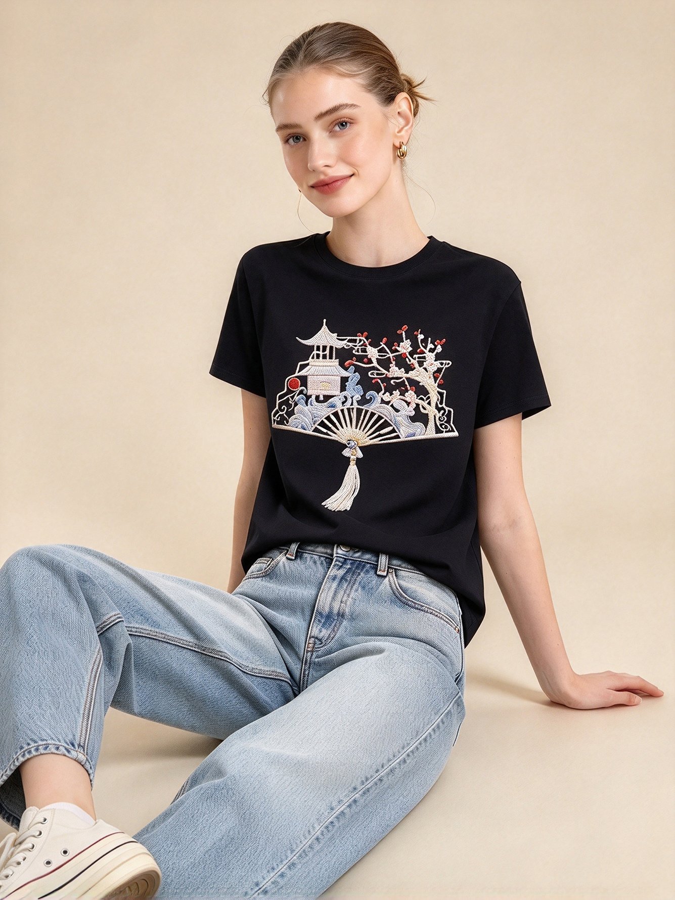 Black Embroidered Round Neck Regular T-Shirt