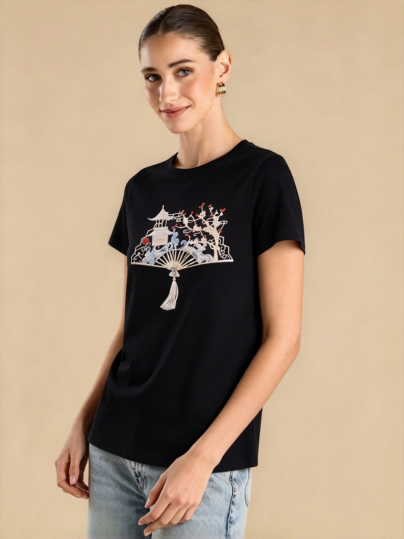Black Embroidered Round Neck Regular T-Shirt