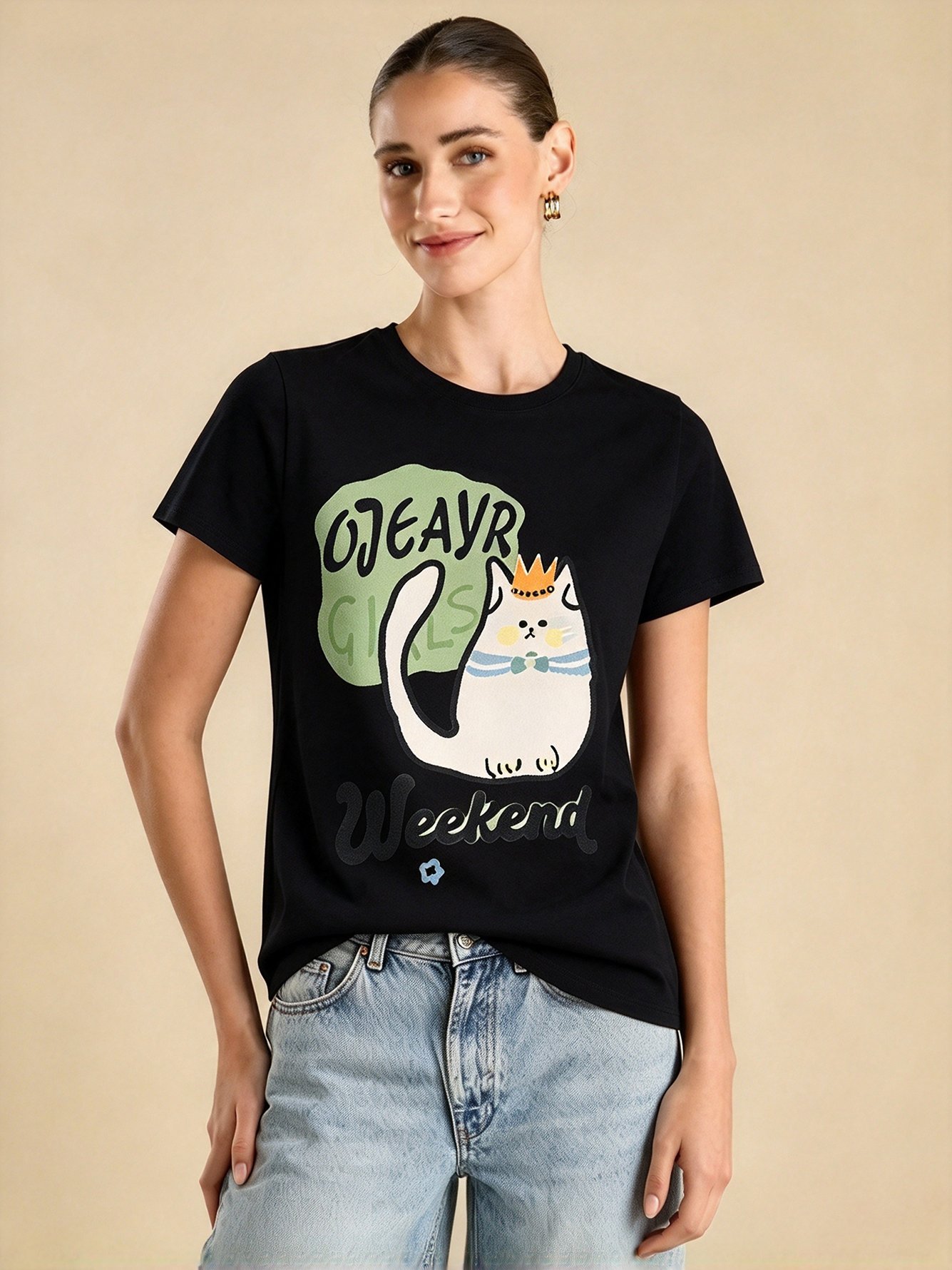 Black Graphic Round Neck Regular T-Shirt
