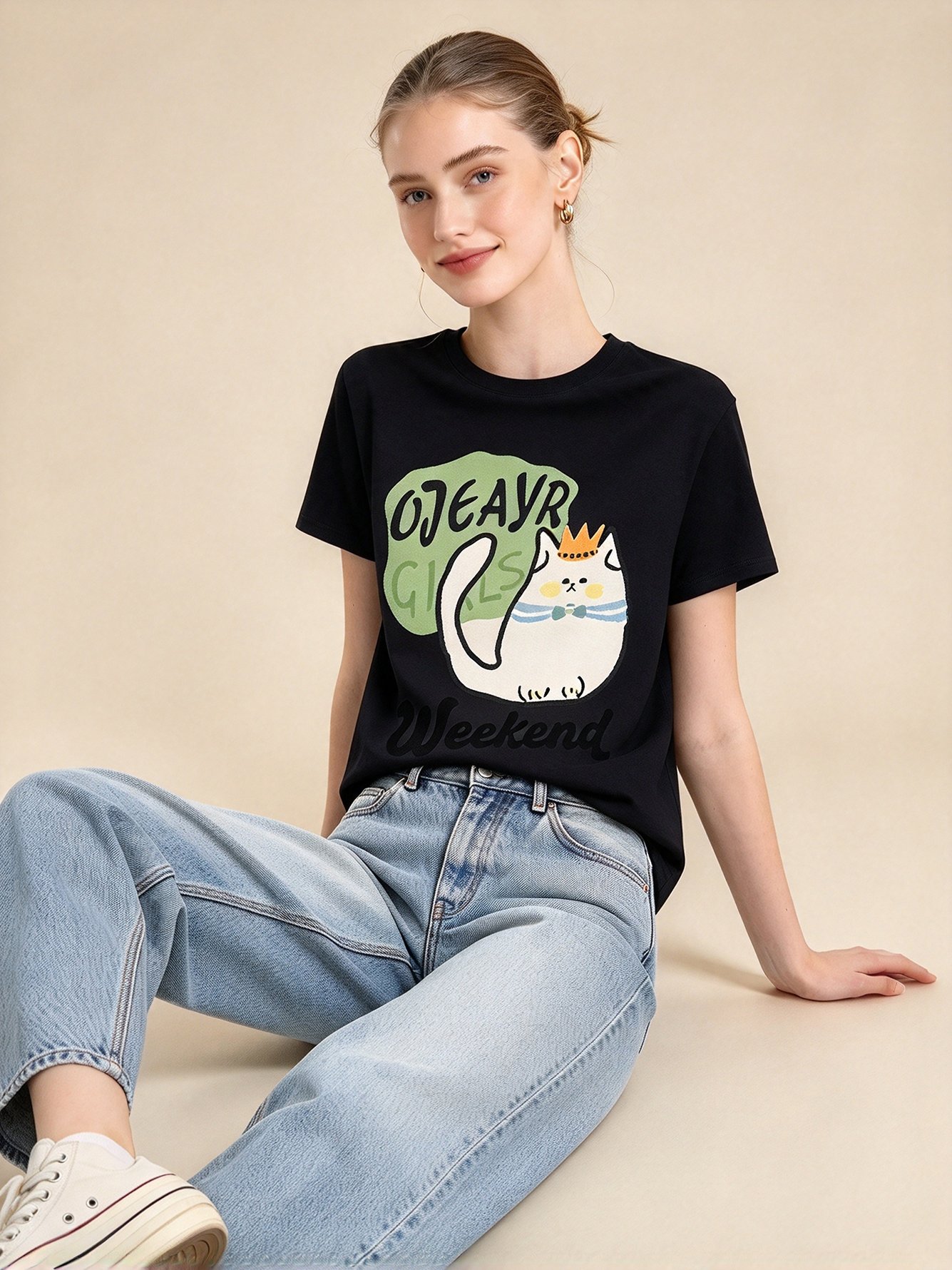 Black Graphic Round Neck Regular T-Shirt