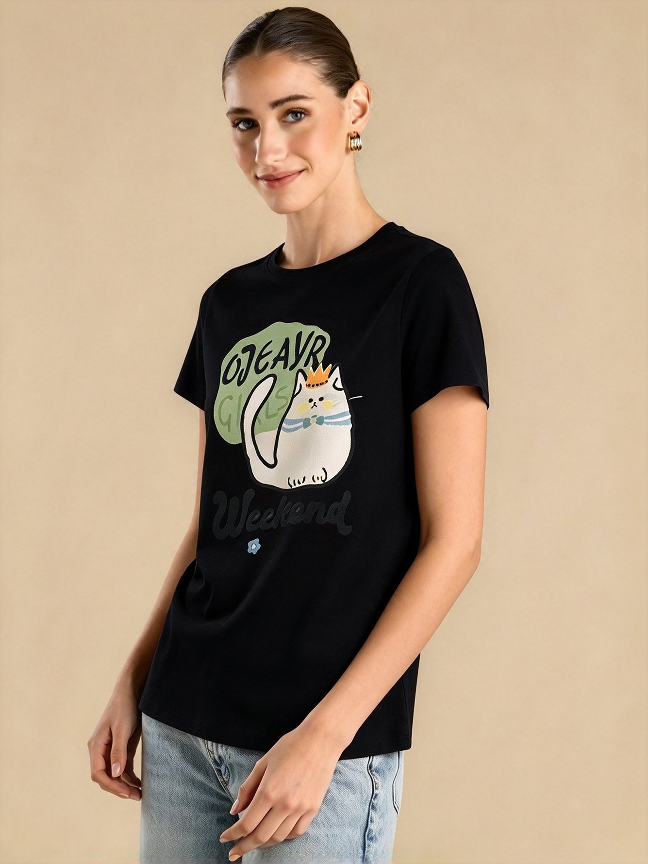 Black Graphic Round Neck Regular T-Shirt