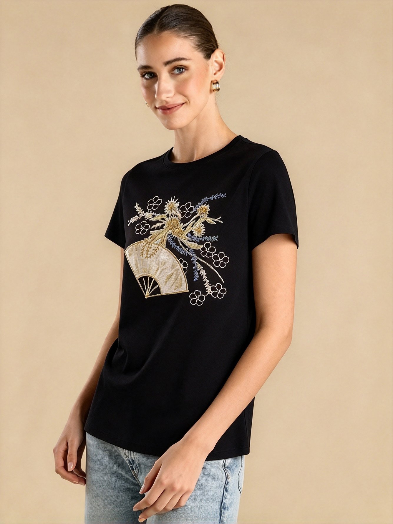 Black Embroidered Round Neck Regular T-Shirt