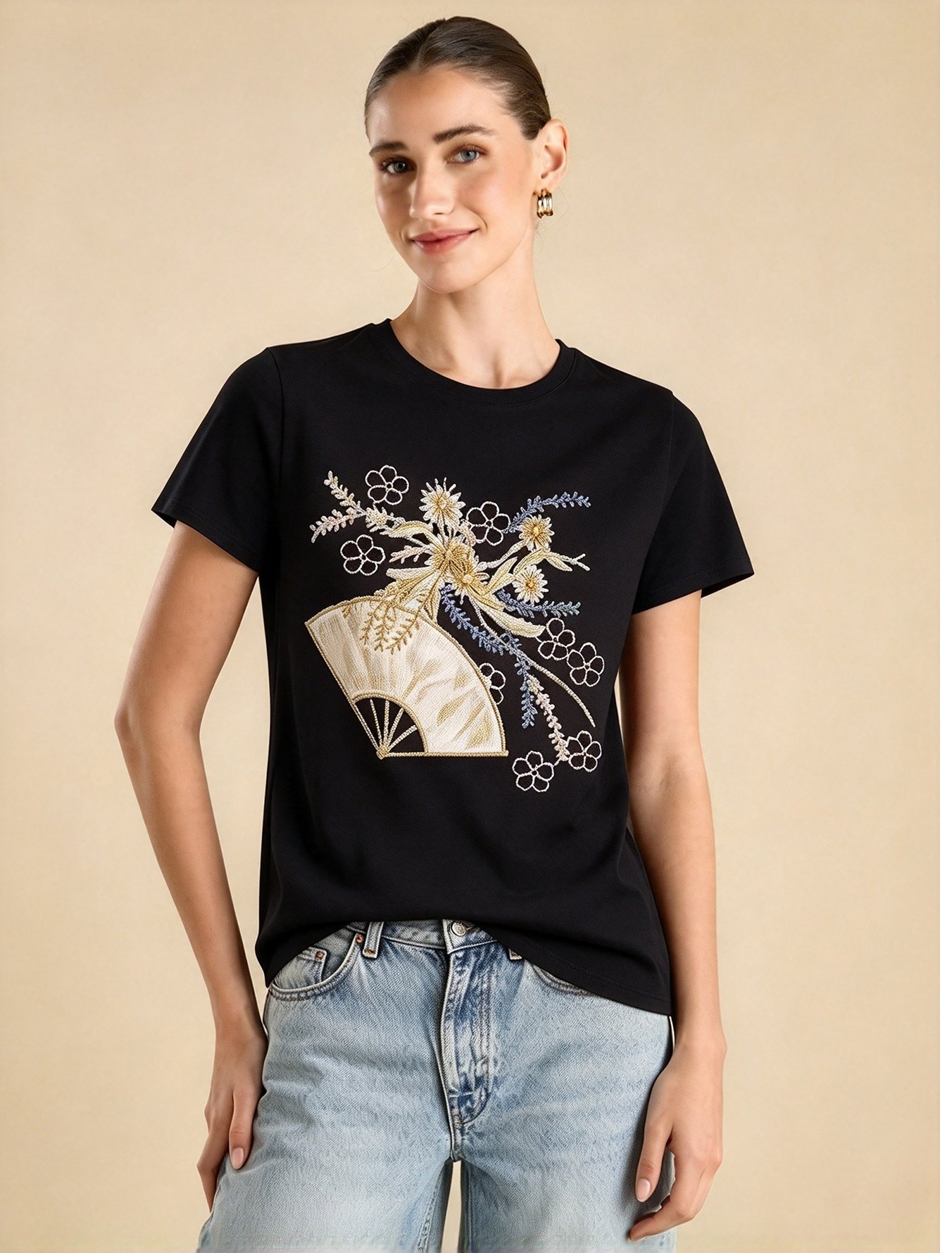 Black Embroidered Round Neck Regular T-Shirt