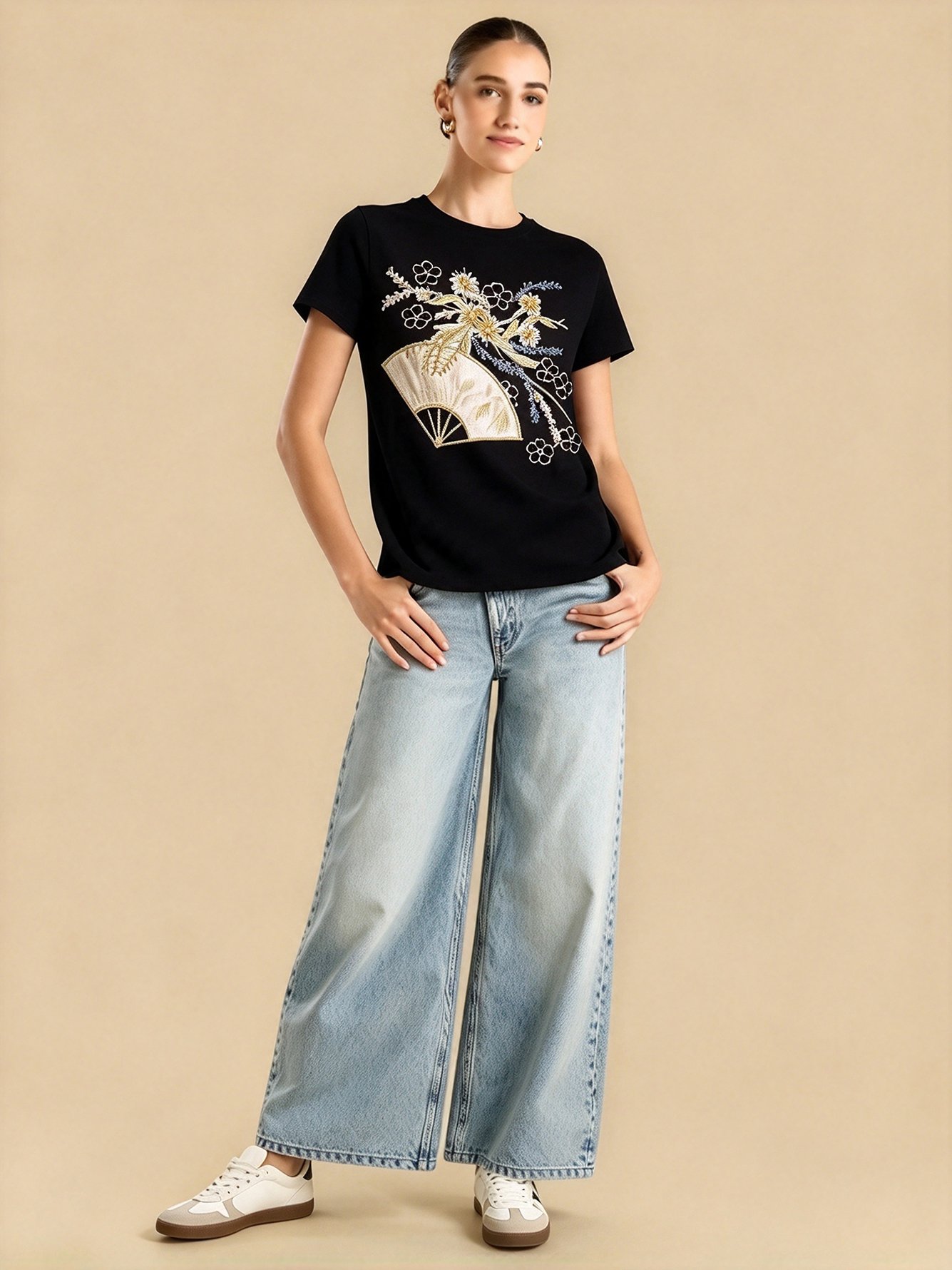 Black Embroidered Round Neck Regular T-Shirt