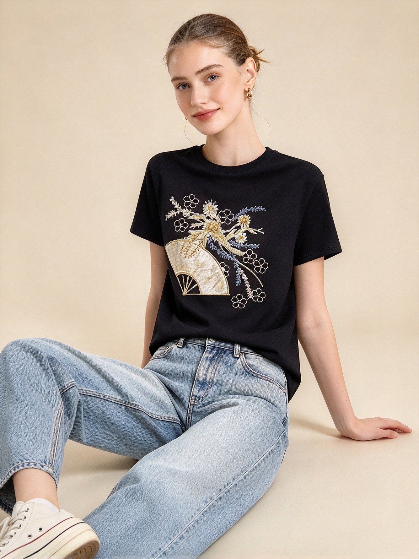 Black Embroidered Round Neck Regular T-Shirt