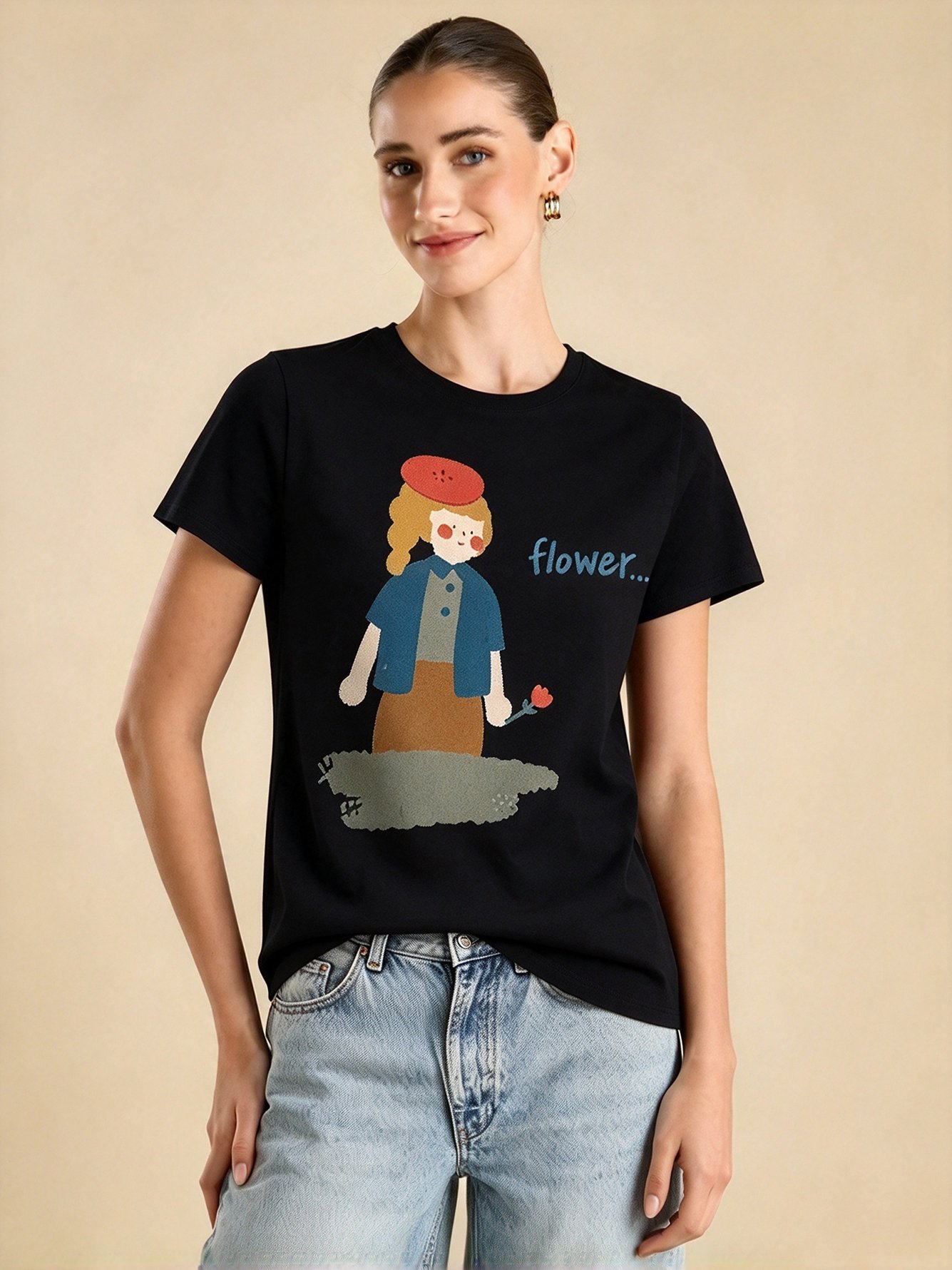 Black Graphic Round Neck Regular T-Shirt