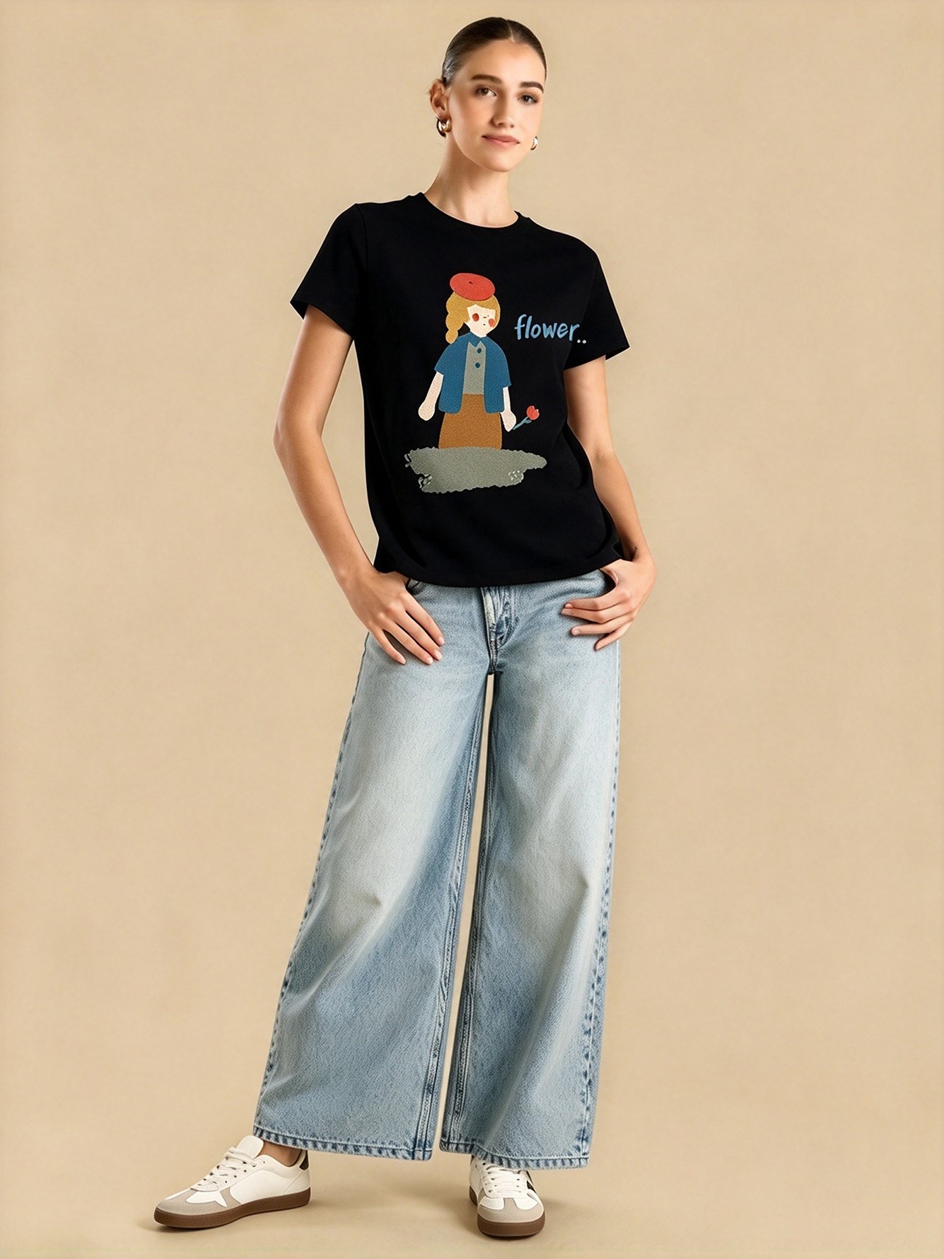 Black Graphic Round Neck Regular T-Shirt