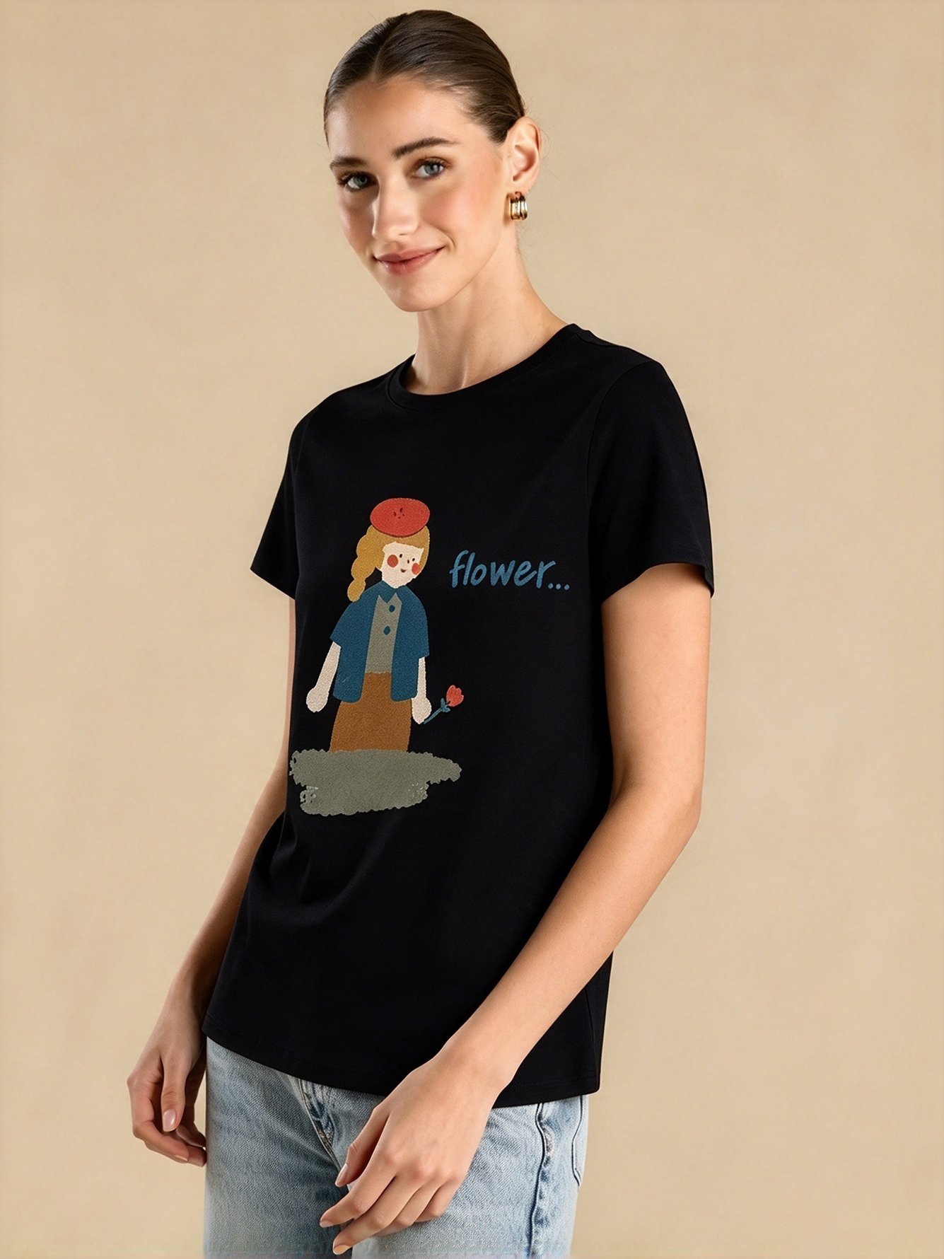 Black Graphic Round Neck Regular T-Shirt